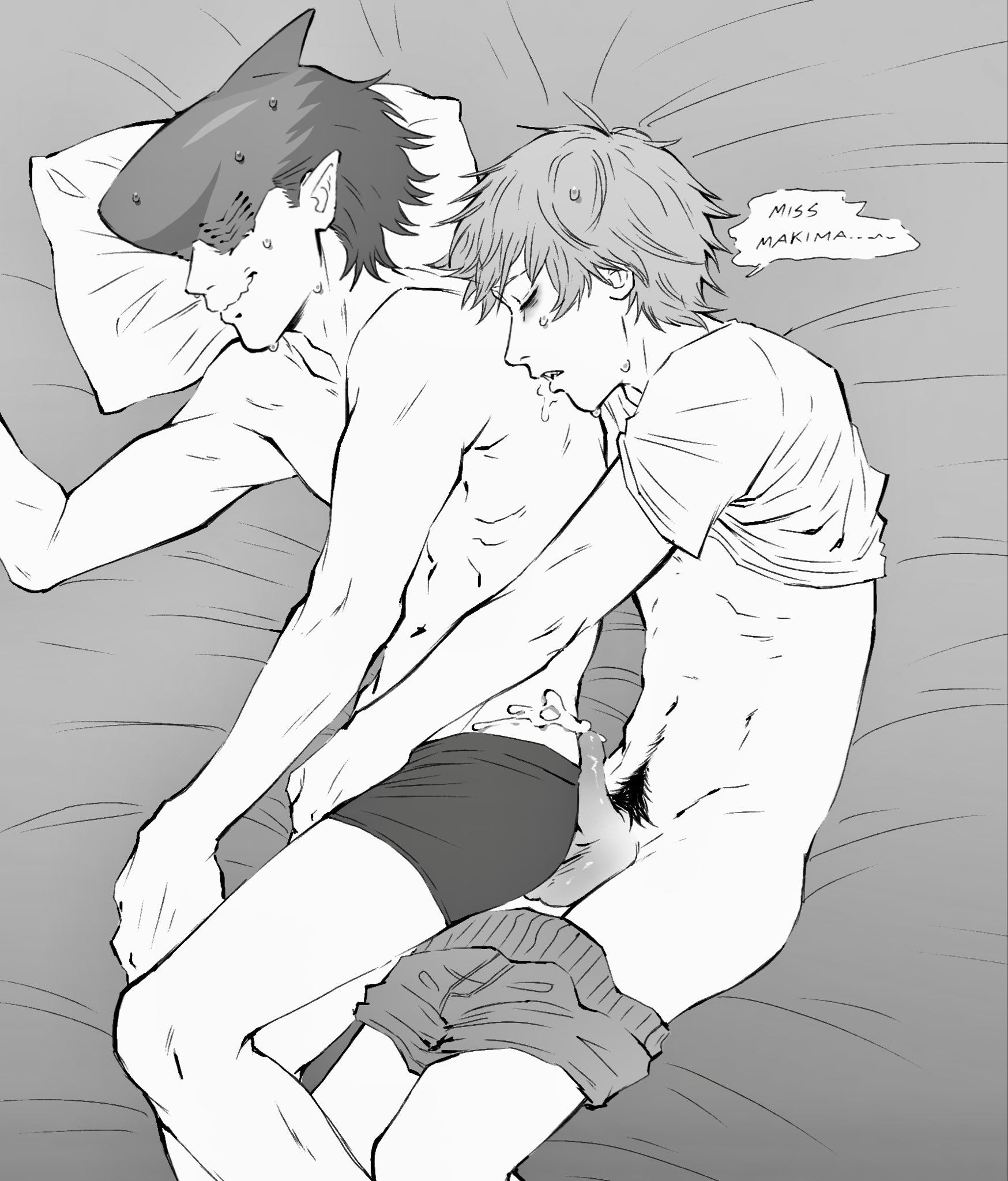 beam, beam (chainsaw man), chainsaw man, denji (chainsaw man), dork nokia, fantasizing, gay, sleeping