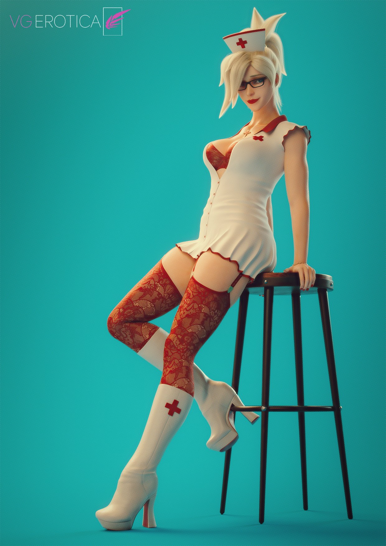1girls, 2025, 3d, 3d (artwork), angela ziegler, barstool, blender, blonde female, blonde hair, boots, bra, dr. ziegler, female, female focus, female only, fishnet legwear, fishnet stockings, fishnets, glasses, headwear, hi res, high heels, highres, labcoat, laced bra, laced legwear, legwear, light skin, light-skinned female, mercy, nurse, nurse cap, overwatch, overwatch 2, pose, posing, presenting, red bra, red fishnets, red legwear, red lingerie, showing off, stockings, swiss, swiss female, thick thighs, underwear, vgerotica, watermark