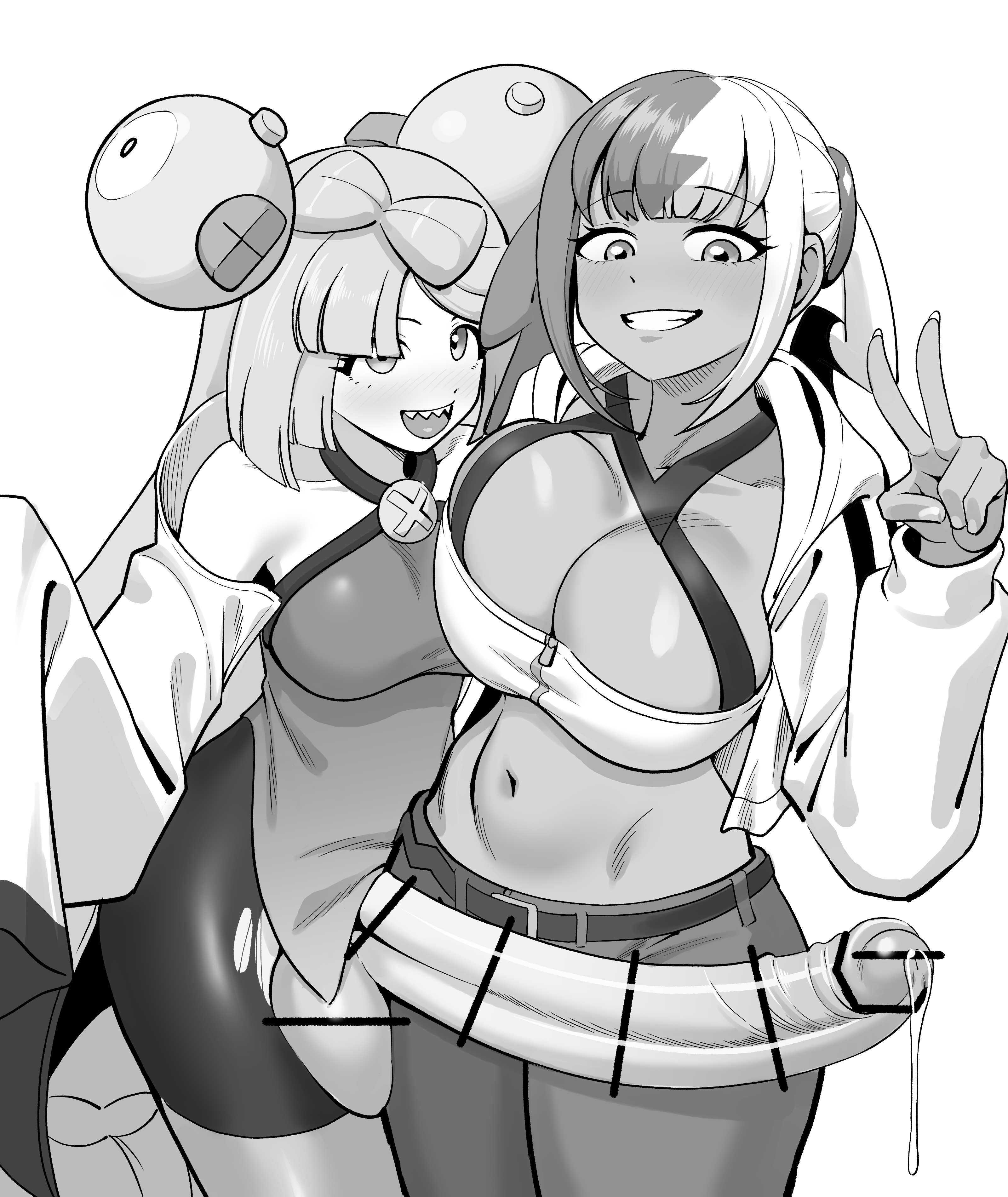1futa, 1girl1futa, 1girls, big penis, black and white, canari (pokemon), canary (pokemon), censored, dark skin, dark-skinned female, female, futa on female, futanari, iono (pokemon), jacket, large breasts, light skin, light-skinned futa, long hair, looking at penis, monochrome, multicolored hair, nanjamo (pokemon), penis, pokemon, pokemon legends: z-a, pokemon sv, ripped clothes, ripped clothing, ripped stockings, short hair, tekkin papa, text