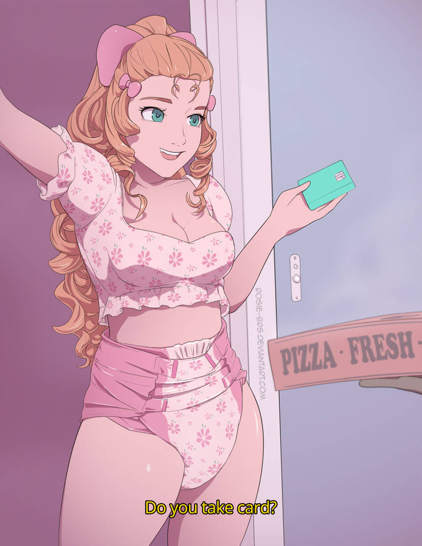 blackroseseduction, blue eyes, bow, clean diaper, credit card, curly hair, diaper, english text, flower print, pink diaper, pizza, pizza box, red hair, shameless, text, unashamed