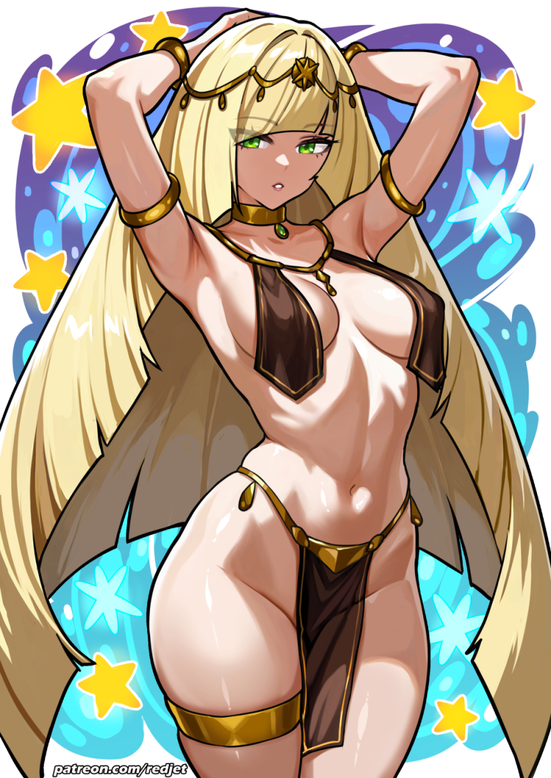 1girls, ancient egyptian clothes, areolae, armlet, armpits, arms up, beach, blonde hair, blonde-haired female, bracelet, breasts, circlet, cleavage, cowboy shot, dancer, feet, female, female only, game freak, gold armlet, gold bracelet, gold thighlet, green eyes, holding object, jewelry, long hair, looking at viewer, lusamine (pokemon), mature, mature female, medium breasts, milf, mother, naked, navel, neck ring, nintendo, nipples, nude, nude female, parted lips, pelvic curtain, pokemon, pokemon sm, pussy, redjet, smile, solo, solo female, solo focus, stomach, thick thighs, thighlet, thighs, very long hair