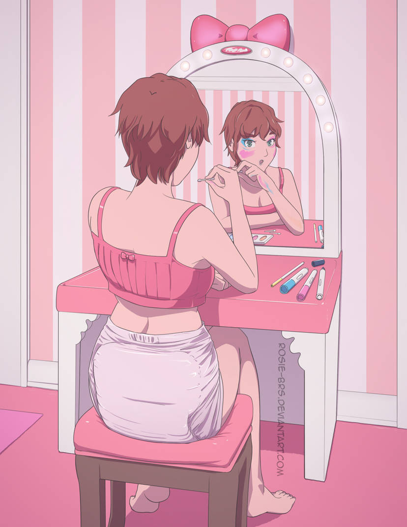 blackroseseduction, brown hair, clean diaper, crop top, diaper, makeup, male, marker, mirror, pink room, sissy, stool