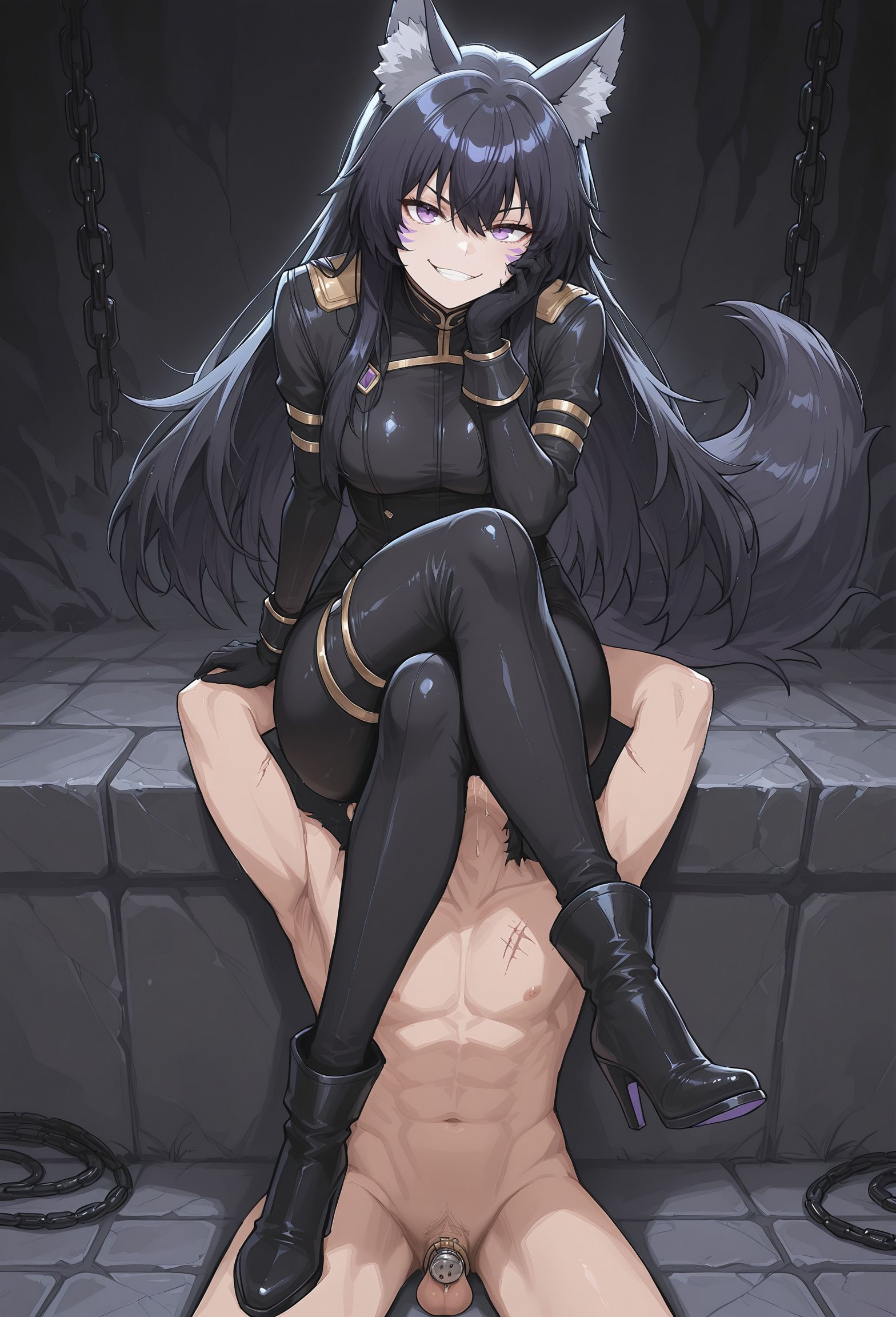 1boy, 1girls, ai generated, chastity, chastity cage, chastity device, clothed female nude male, cunnilingus, delta (the eminence in shadow), dominant female, elkazama yumi, facesitting, female, female domination, femdom, male, malesub, oral, sex, sitting, sitting on face