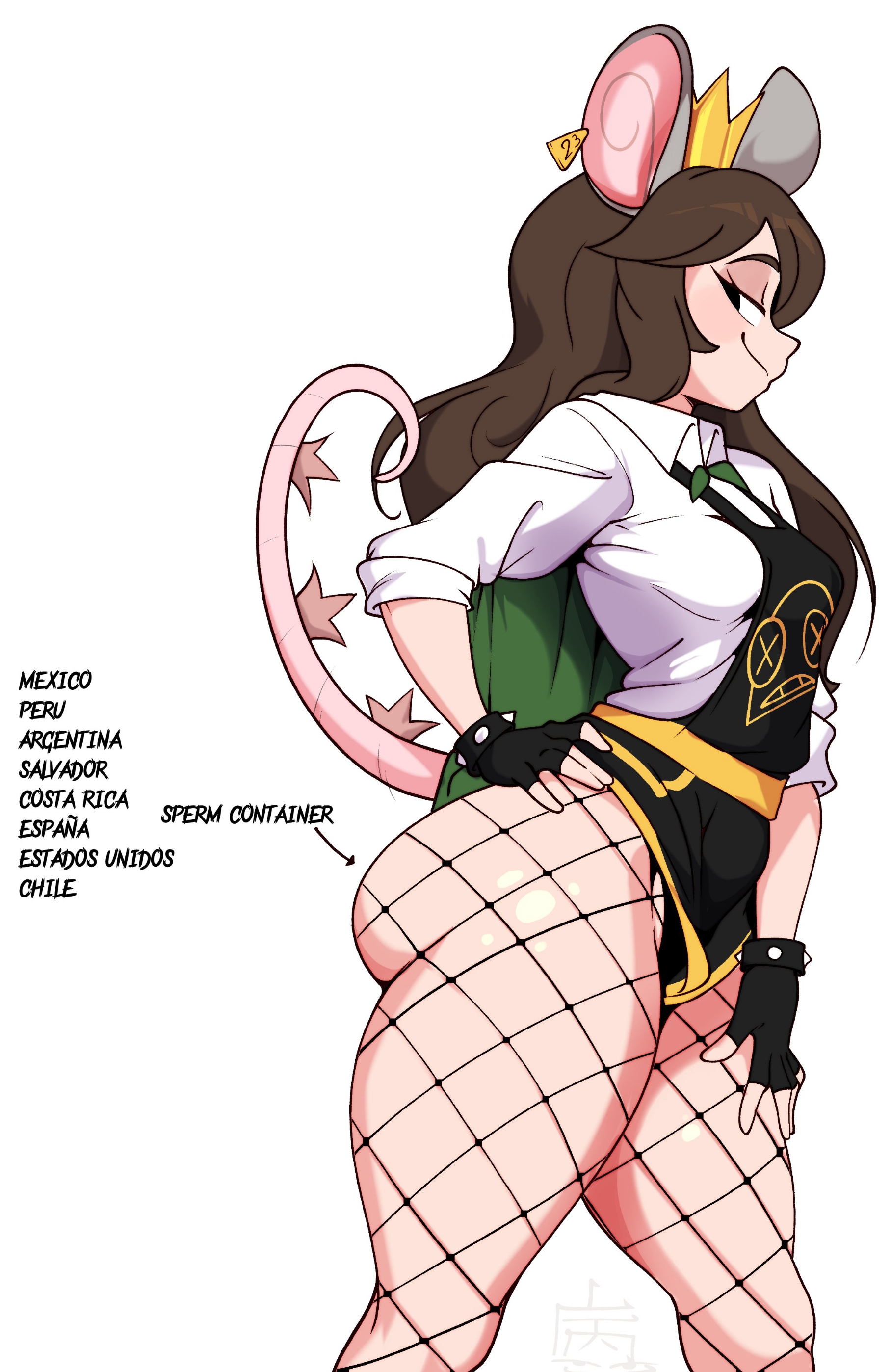 1girls, 2d, 2d (artwork), ass, big ass, black apron, brown hair, coat, colombian female, crown, cukizilla, evil container, female, fishnets, golden crown, green cape, hips, long hair, medium breasts, mouse ears, mouse girl, perfectos desconocidos, plates, pose, rat, rat ears, rat tail, reptile tail, sdamhp artist, sexy pose, spanish text, tagme, text, thick ass, white shirt, youtube, youtube hispanic, youtuber