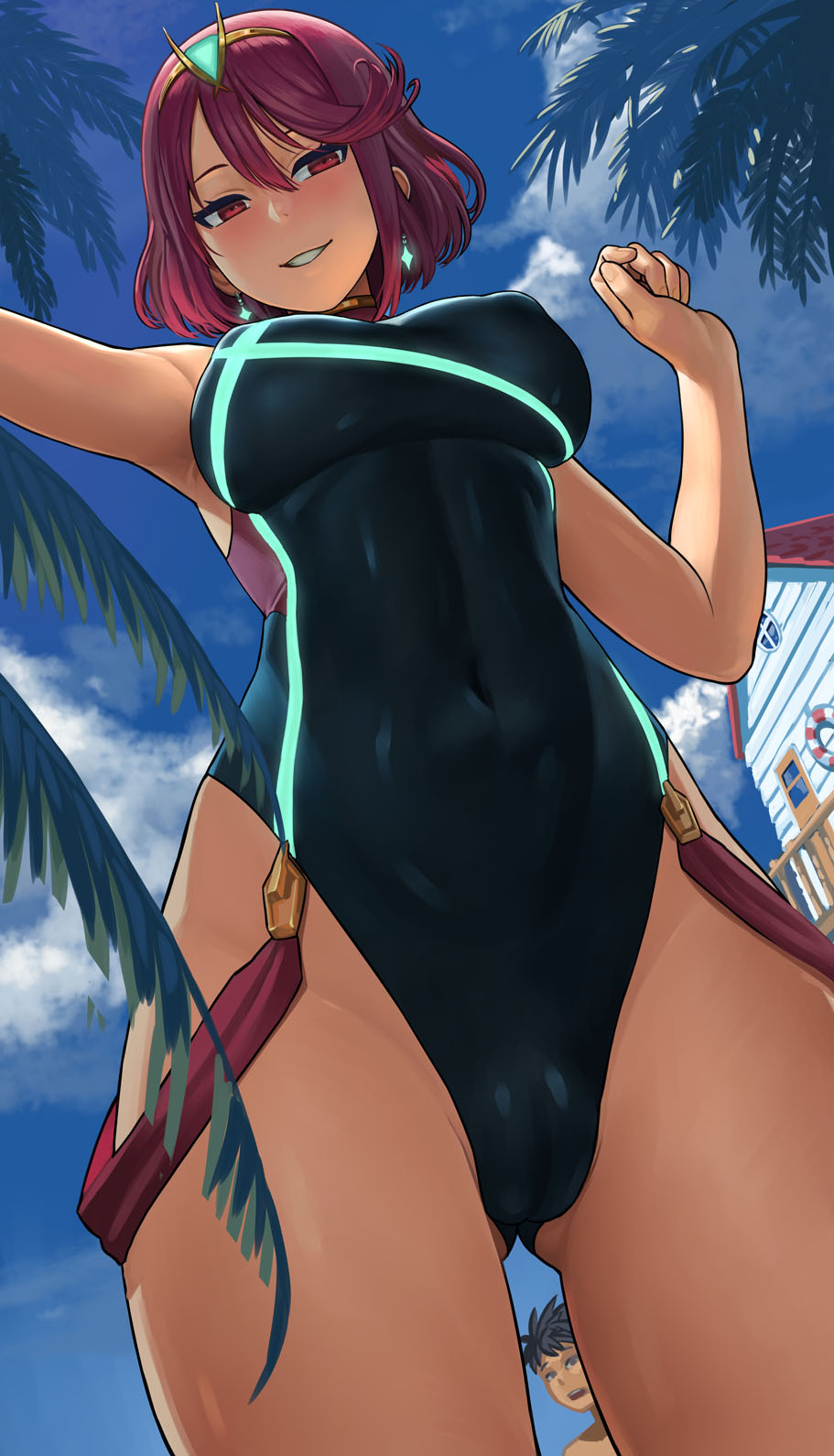1boy, 1girls, abs, big breasts, breasts, cameltoe, female, female focus, large breasts, lasterk, looking at viewer, male, one-piece swimsuit, pussy, pyra, solo, swimsuit, xenoblade (series), xenoblade chronicles 2