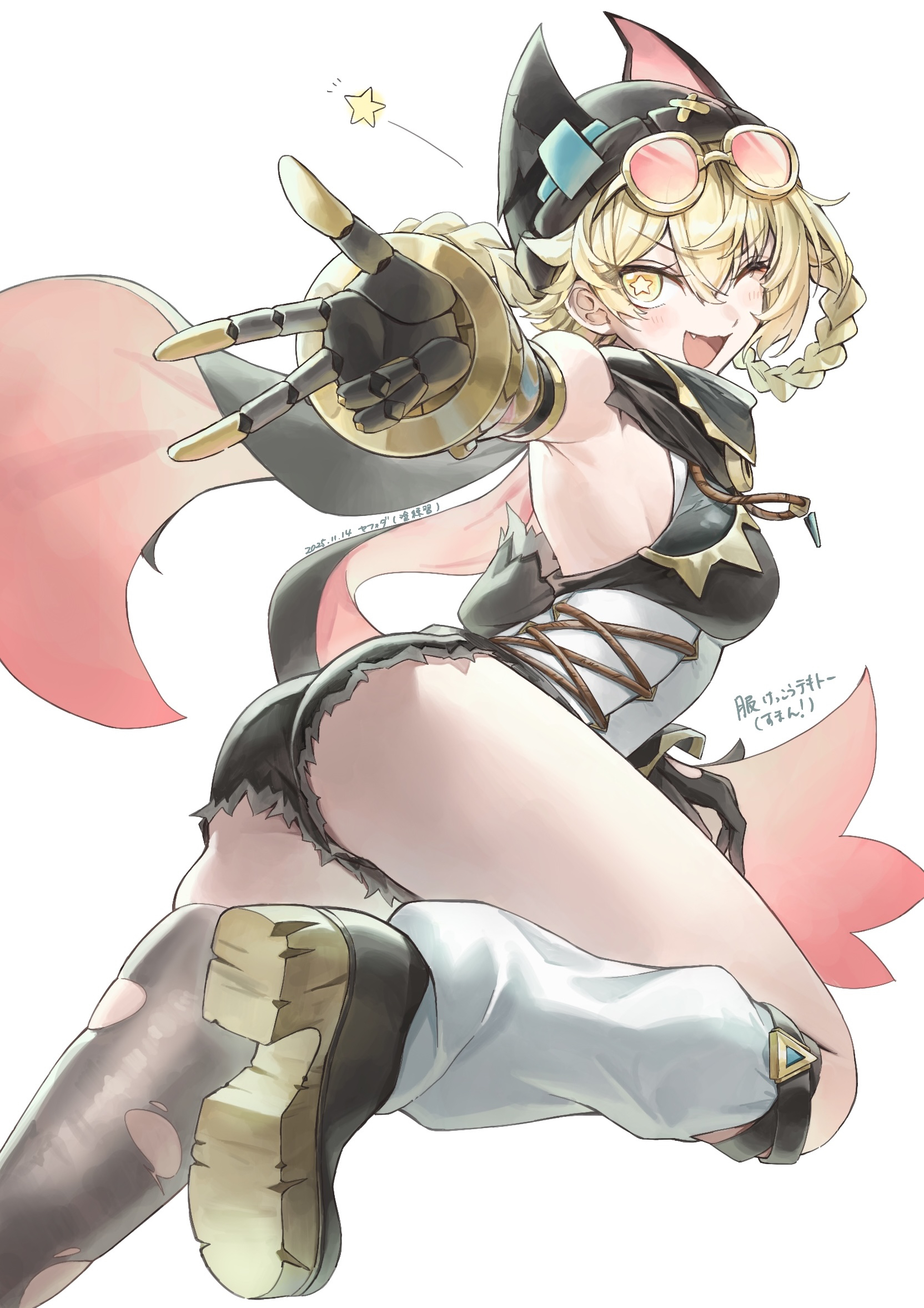 :3, 1girls, ass, ass focus, bare shoulders, blonde hair, blush, booty shorts, braid, breasts, cute fang, female, from behind, genshin impact, goggles, goggles on head, jahoda (genshin impact), koppepan, long hair, looking at viewer, looking back, medium breasts, oerba yun fang, one eye closed, open mouth, peace sign, short shorts, shorts, sideboob, skindentation, smile, solo, star-shaped pupils, torn legwear, twin braids, v, v sign, wink, yellow eyes