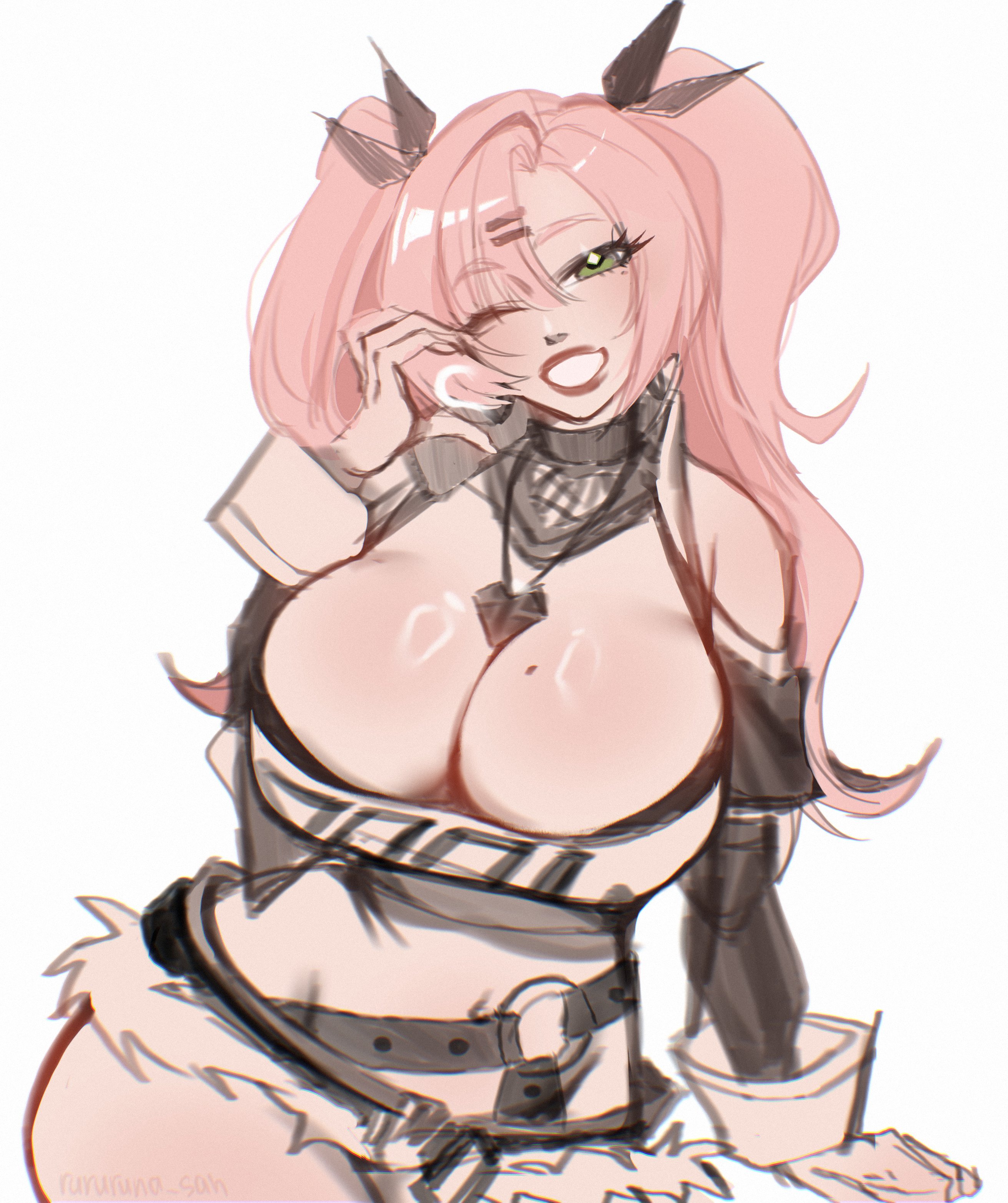 1girls, breasts, female, female focus, female only, large breasts, light skin, light-skinned female, mole, mole on breast, nicole demara, rururuna san, sketch, solo, thick thighs, thighs, white background, wide hips, zenless zone zero