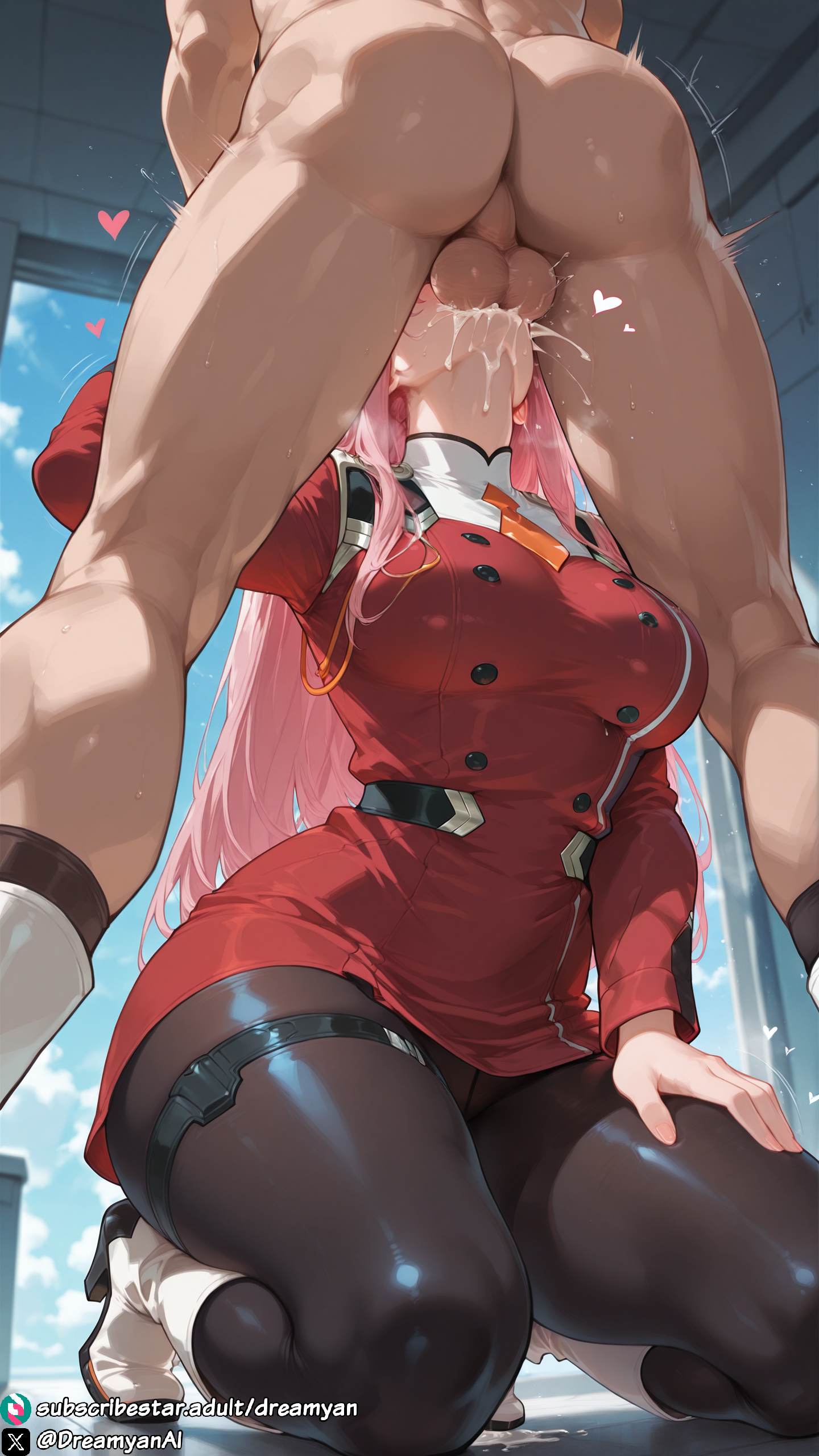 1girls, ai generated, blowjob, breasts, cum, cum in mouth, darling in the franxx, dreamyan ai, fellatio, from below, green eyes, hi res, high quality, high resolution, highres, horns, irrumatio, kneeling, long hair, military uniform, oral, oral sex, pantyhose, pink hair, sucking, sucking penis, thick ass, thick thighs, thighs, uncensored, zero two (darling in the franxx)