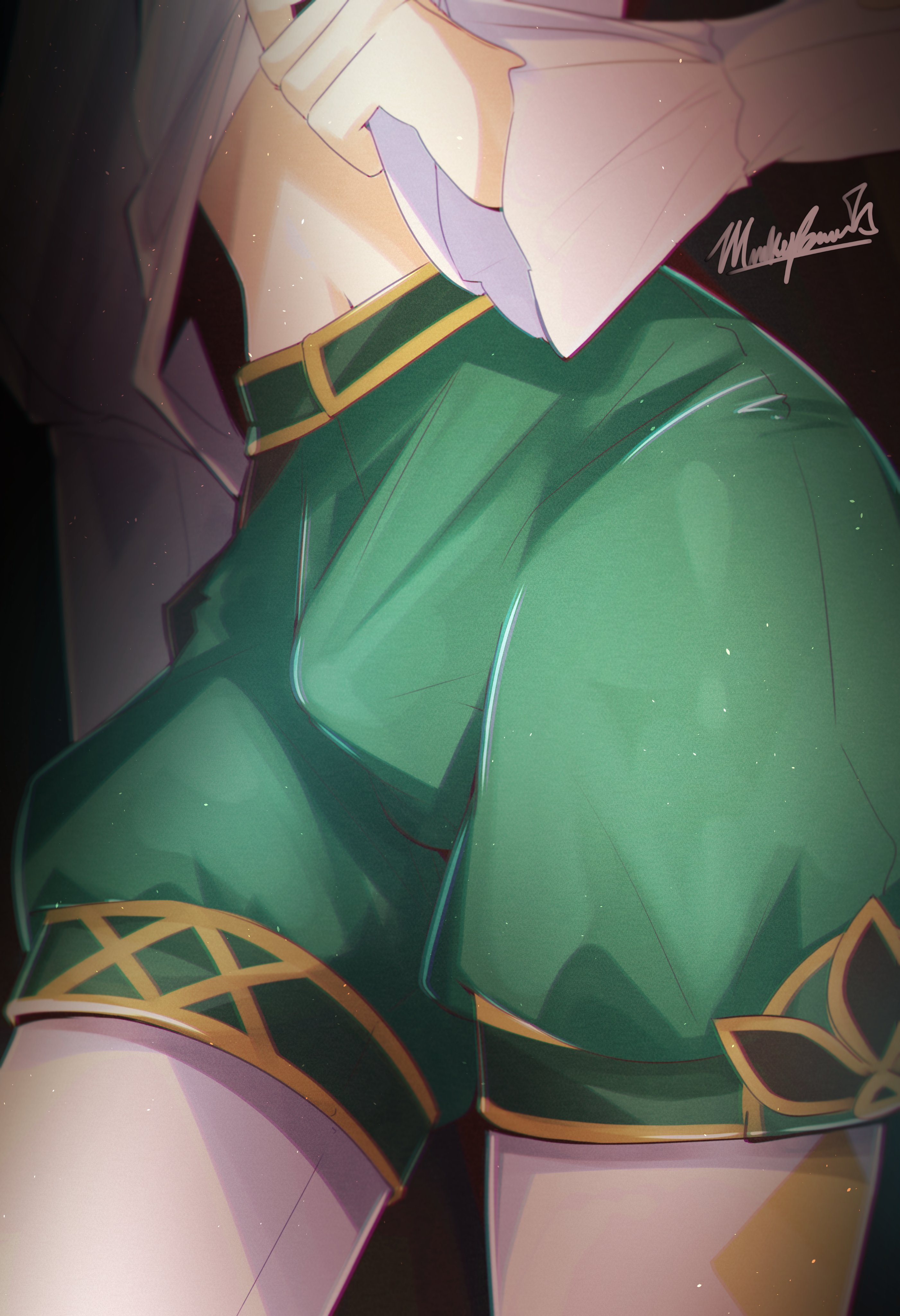 1boy, bulge, close-up, femboy, flashing, genshin impact, green clothing, light skin, light-skinned male, male, male only, marky evan, penis, solo, solo male, tagme, thick thighs, thighhighs, thighs, venti (genshin impact)