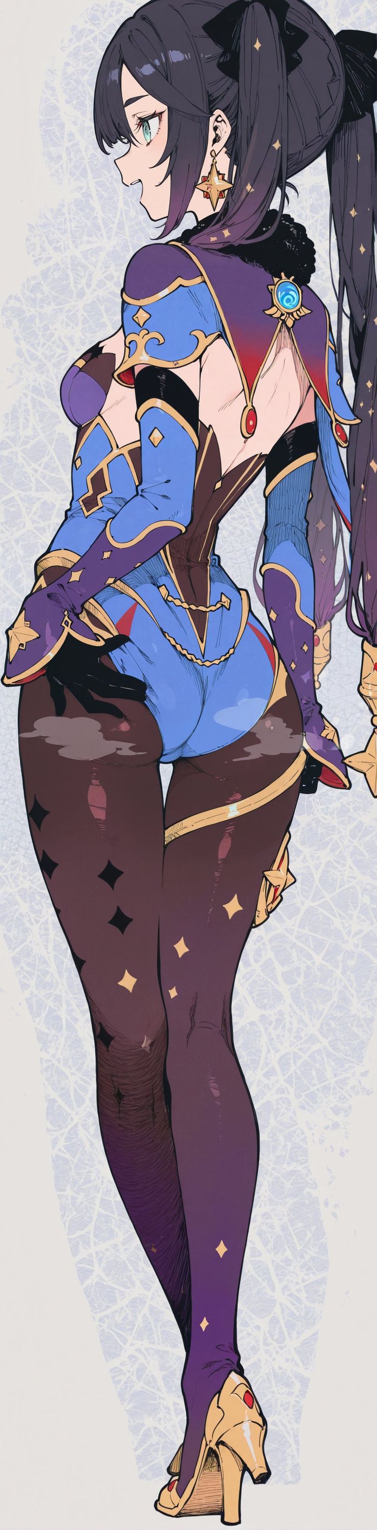 1girls, 2d, absurd res, ai generated, backless leotard, black gloves, blue eyes, blue leotard, bodystocking, bow, breasts, capelet, elbow gloves, female focus, from behind, full body, fur trim, genshin impact, gloves, gold trim, grabbing own ass, hair ornament, hat, highres, jewelry, kneepits, legs crossed, leotard, long hair, low twintails, magic, mona (genshin impact), open mouth, purple hair, second-party source, sola iris, solo, solo female, star (symbol), star hair ornament, steam, thighs, twintails, upper teeth