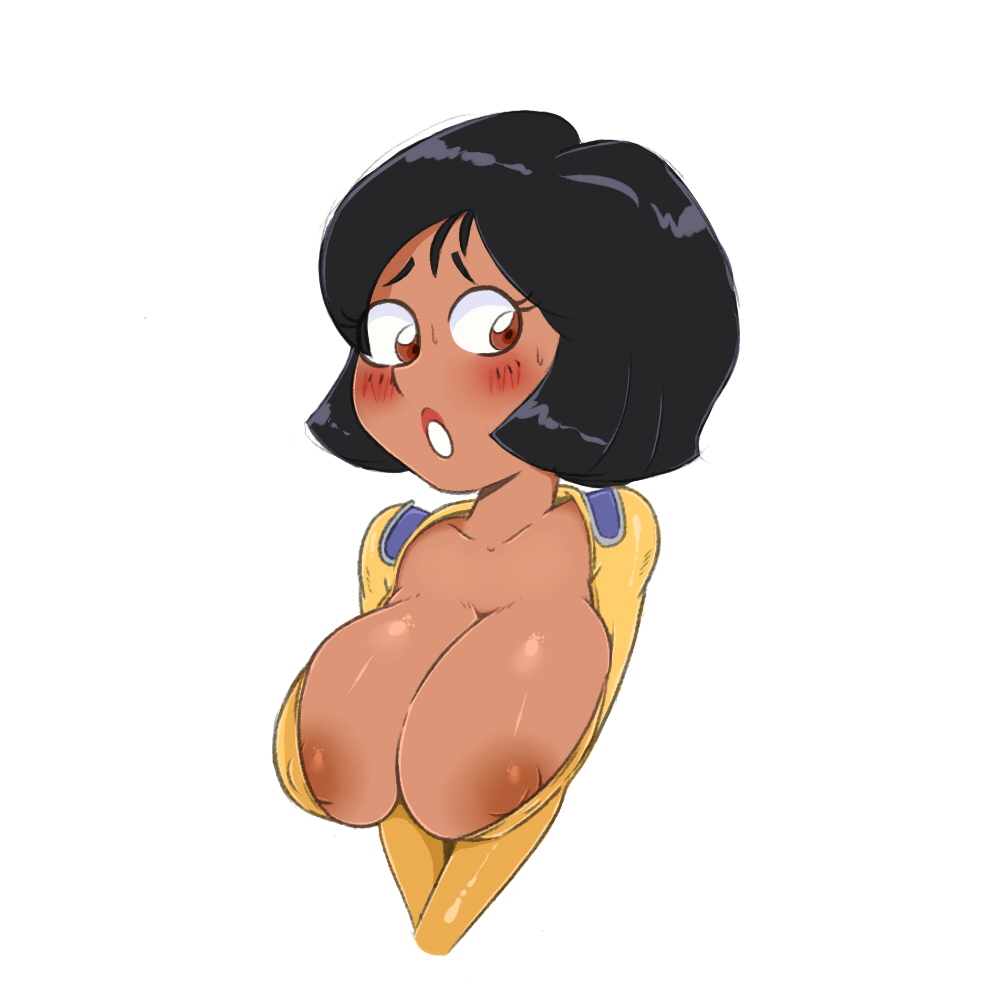 1girls, alex (totally spies), areola, areolae, black hair, blush, bob cut, bodysuit, breasts, breasts out, brown eyes, busty, cleavage, clothed, clothes, clothing, dark hair, dark skin, dark-skinned female, exposed breasts, eyelashes, eyes, female, female only, inverted nipples, large breasts, lips, lipstick, makeup, nervous, nipples, presenting, presenting breasts, simple background, skin tight, solo, sweat, sweatdrop, thenewguy, totally spies, unzipped, voluptuous, white background