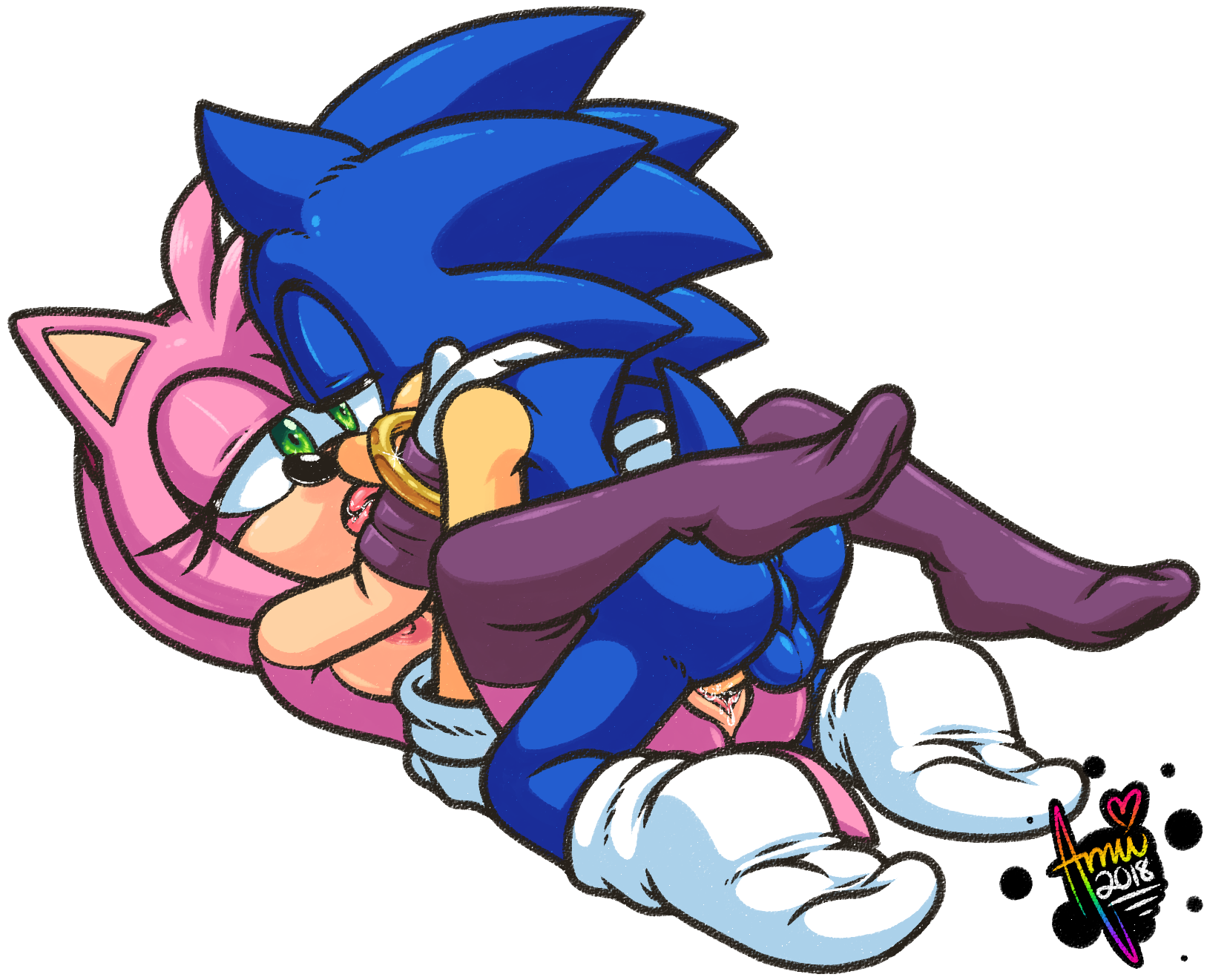 2018, amuzoreh, amy rose, anthro, anthro on anthro, anus, areola, ass, backsack, balls, ballsack, blue fur, bracelet, breasts, clothing, duo, eye contact, eyelashes, female, french kissing, fur, gloves, green eyes, hairband, hedgehog, hi res, hug, jewelry, kissing, legwear, lying, male, mammal, mating press, missionary position, mostly nude, nipples, on back, penetration, perineum, pink fur, pussy, quills, romantic couple, sega, sex, simple background, socks, sonic (boom), sonic (series), sonic boom, sonic team, sonic the hedgehog, sonic the hedgehog (series), stockings, straight, vaginal, vaginal penetration, vaginal sex, white background
