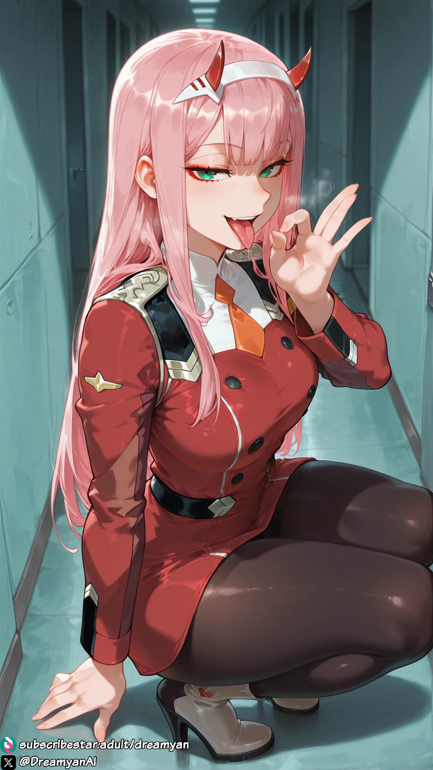 1girls, ai generated, blowjob gesture, breasts, darling in the franxx, dreamyan ai, fellatio gesture, green eyes, hi res, high quality, high resolution, highres, horns, long hair, military uniform, open mouth, pantyhose, pink hair, pose, seductive, seductive look, seductive mouth, seductive pose, seductive smile, thick ass, thick thighs, thighs, tongue, tongue out, uncensored, zero two (darling in the franxx)