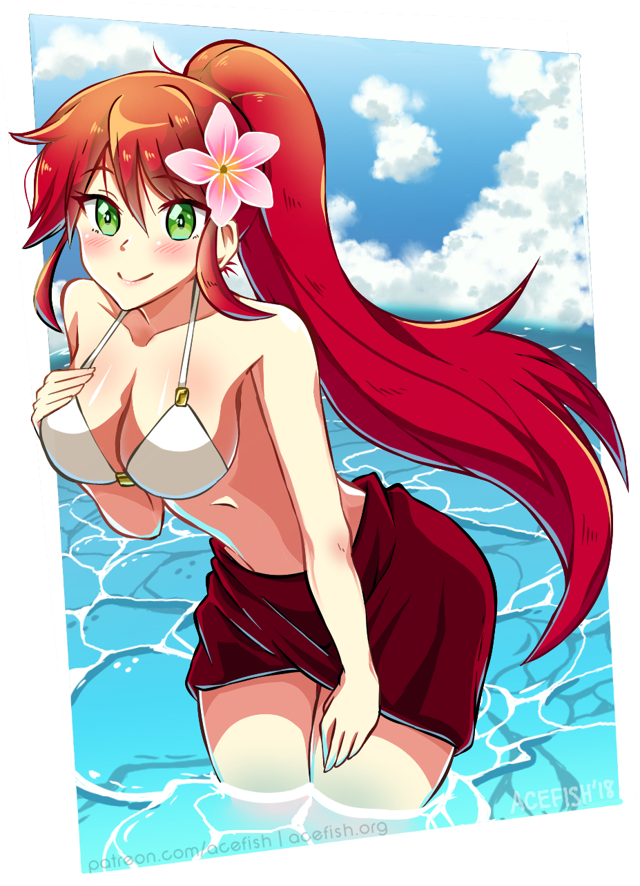 2018 acefish beach bikini_top blush female green_eyes high_ponytail hsifeca long_hair looking_at_viewer ocean ponytail pyrrha_nikos red_hair redhead rwby shiny_hair shiny_skin signature solo