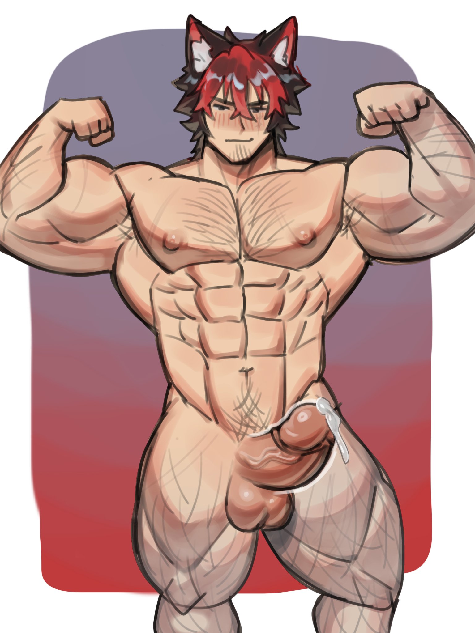 apzapuru, bara, blush, boner, cum, cum drip, cum dripping, cum dripping from penis, erection, flexing, flexing arms, flexing muscles, gay, hairy, hairy male, komano manato, looking at viewer, male only, muscular, muscular male, naked, naked male, nipples, nude, nude male, penis, proud of his cock, solo, solo male, testicles, uncensored, zenless zone zero