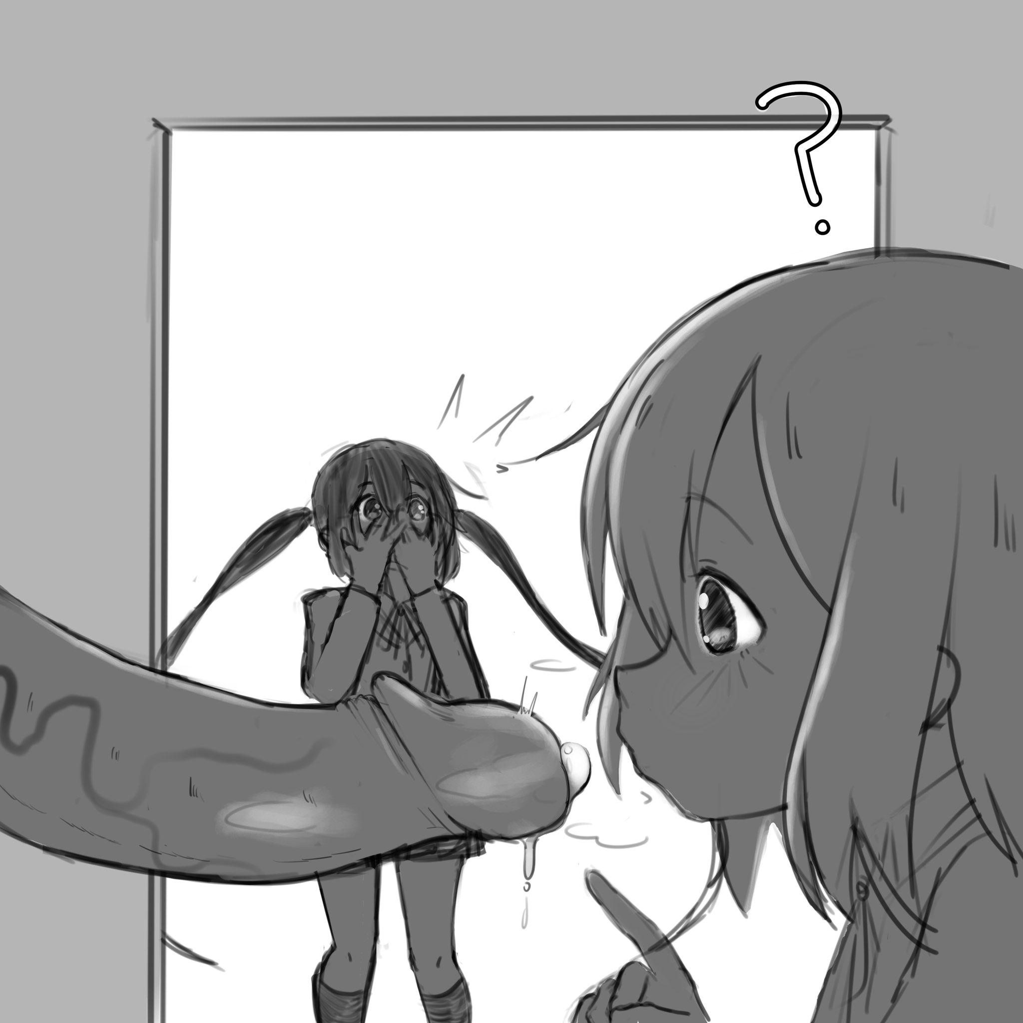 1boy, 2girls, azusa nakano (k-on!), female, inminent sex, k-on!, mad mex, madmex, male, monochrome, multiple girls, penis, yui hirasawa (k-on!)
