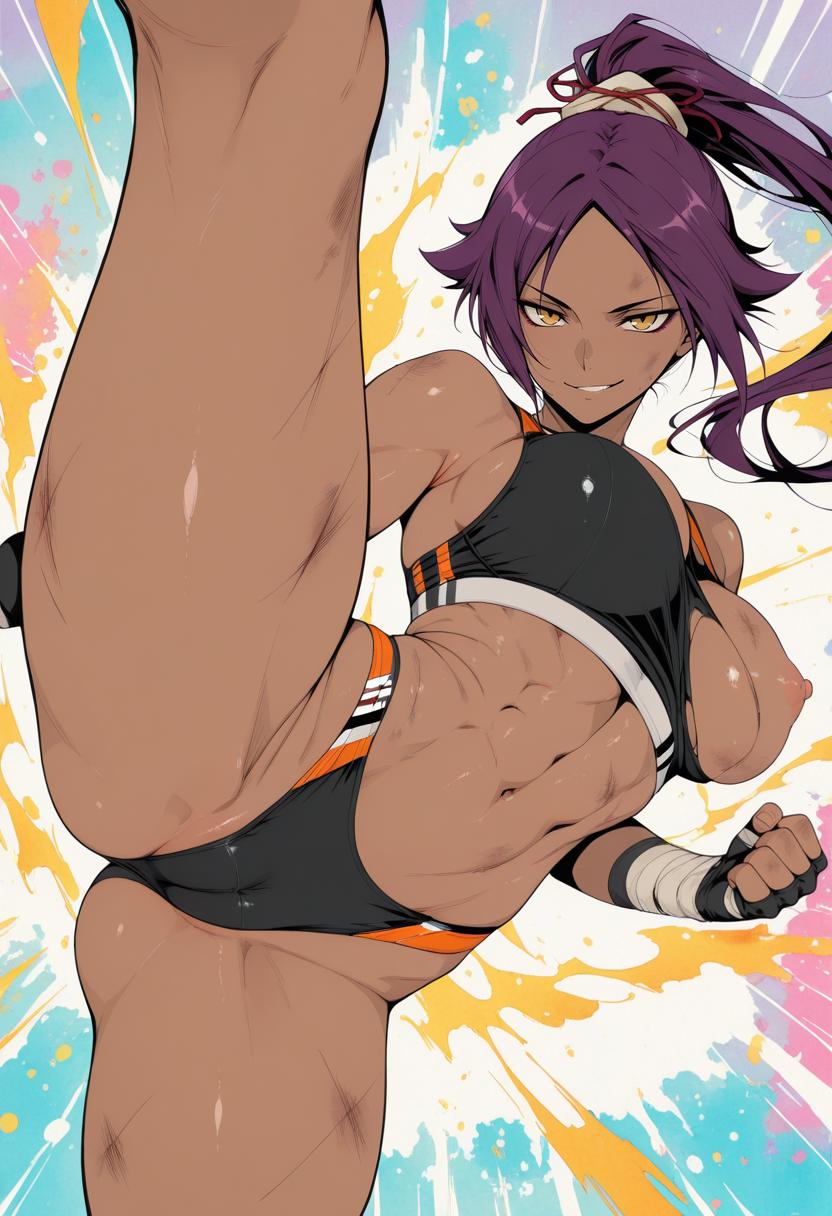 1girls, ai generated, areolae, battle damage, big breasts, bleach, breasts, damaged clothes, exposed breasts, female, female only, looking at viewer, nipples, ripped clothing, shihouin yoruichi, tagme