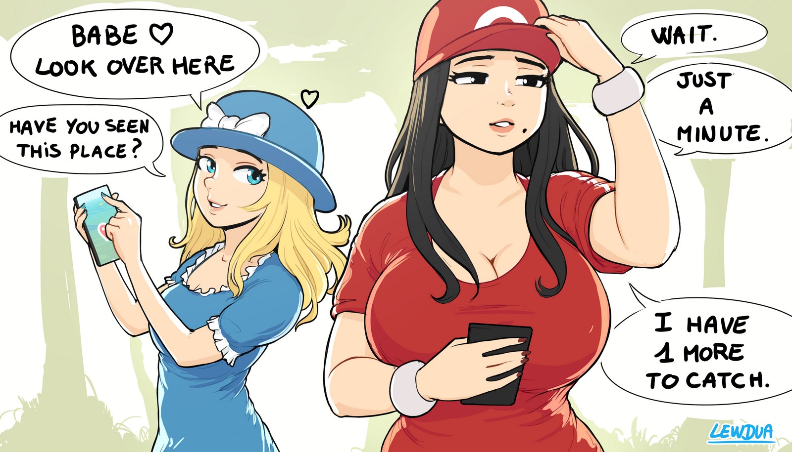2futas, alison (lewdua), big breasts, breasts, cleavage, clothing, comic, dress, futa with futa, futanari, heart, huge breasts, human, intersex, large breasts, lewdua, mole, mole under mouth, nessie (lewdua), original character, pokemon, pokemon go, speech bubble, spoken heart, text, watermark