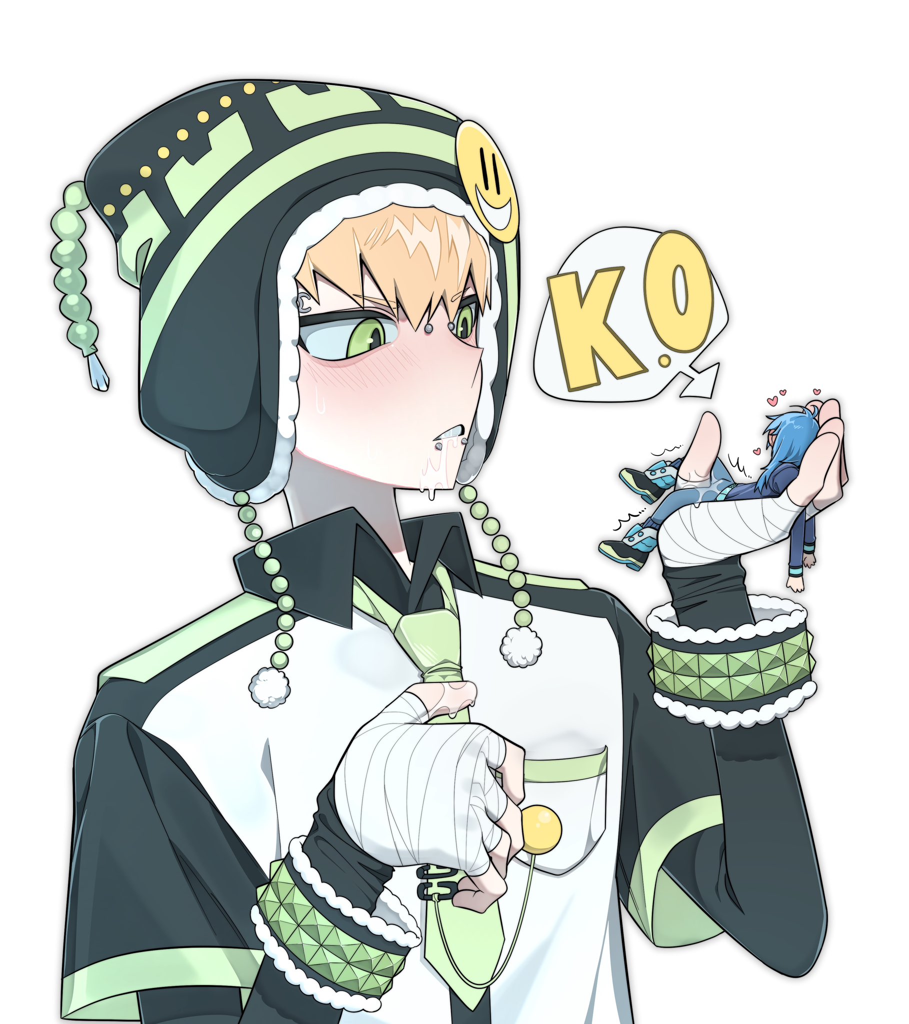 2boys, 2d, aoba seragaki, beanie, blush, bulge, clothed, color, cum, dramatical murder, fingerjob, fingers, fondling, fondling balls, gay, handheld, macro, male, male only, micro, no visible genitalia, noiz (dramatical murder), page 2, simple background, size difference, solo focus, yan xoll, yaoi