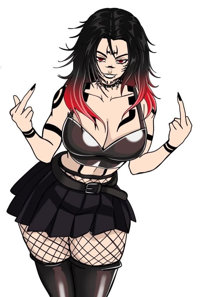 1girls, belt, beltskirt, big breasts, evil grin, evil smile, flipping viewer off, goth, goth girl, jujutsu kaisen, rule 63, ryomen sukuna, ryoumen sukuna (jujutsu kaisen), skirt, sovereign doom