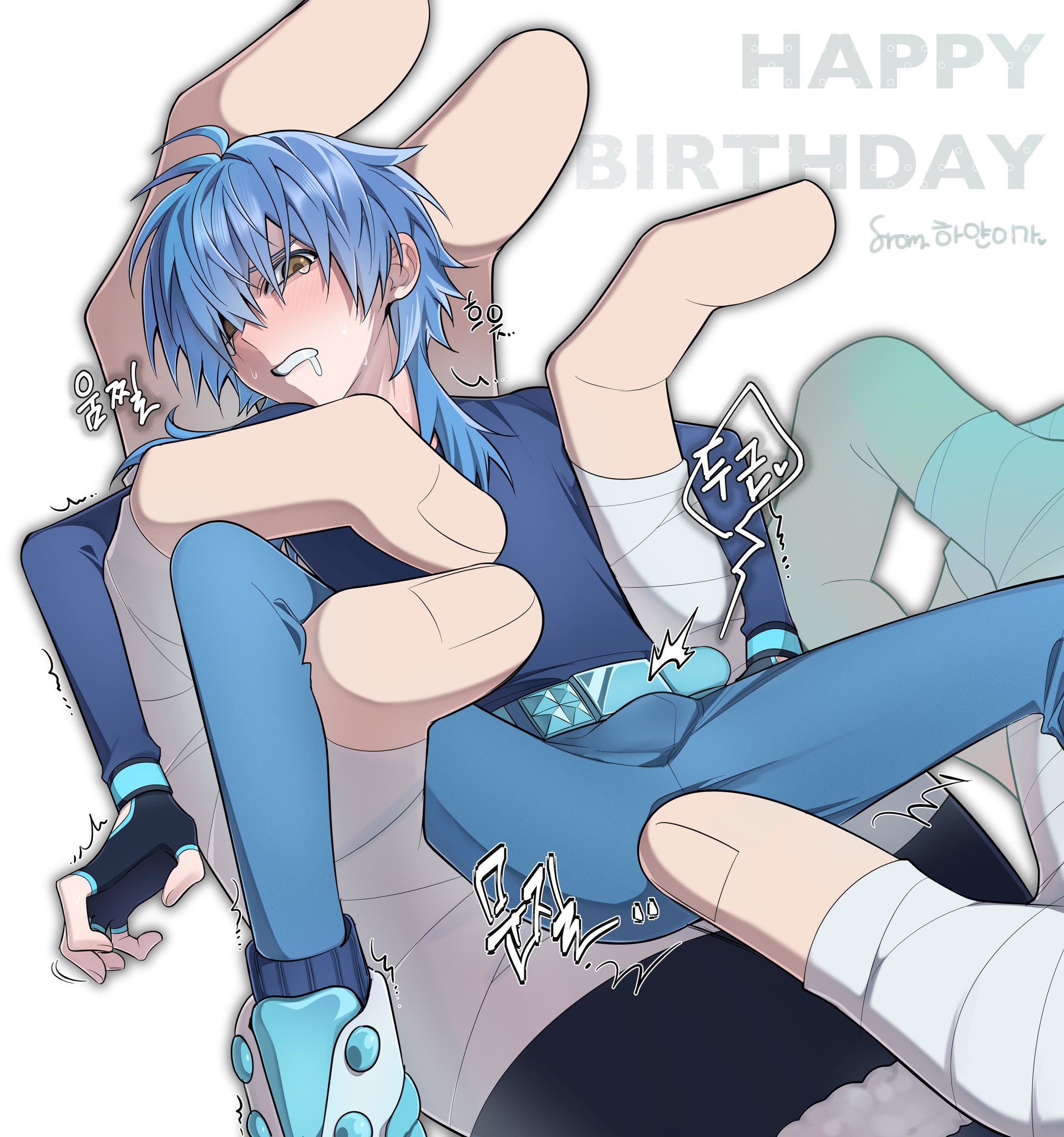 2boys, 2d, aoba seragaki, blush, bulge, color, dramatical murder, fingerjob, fingers, fondling, fondling balls, gay, handheld, macro, male, male only, micro, no visible genitalia, noiz (dramatical murder), page 1, simple background, size difference, solo focus, yan xoll, yaoi