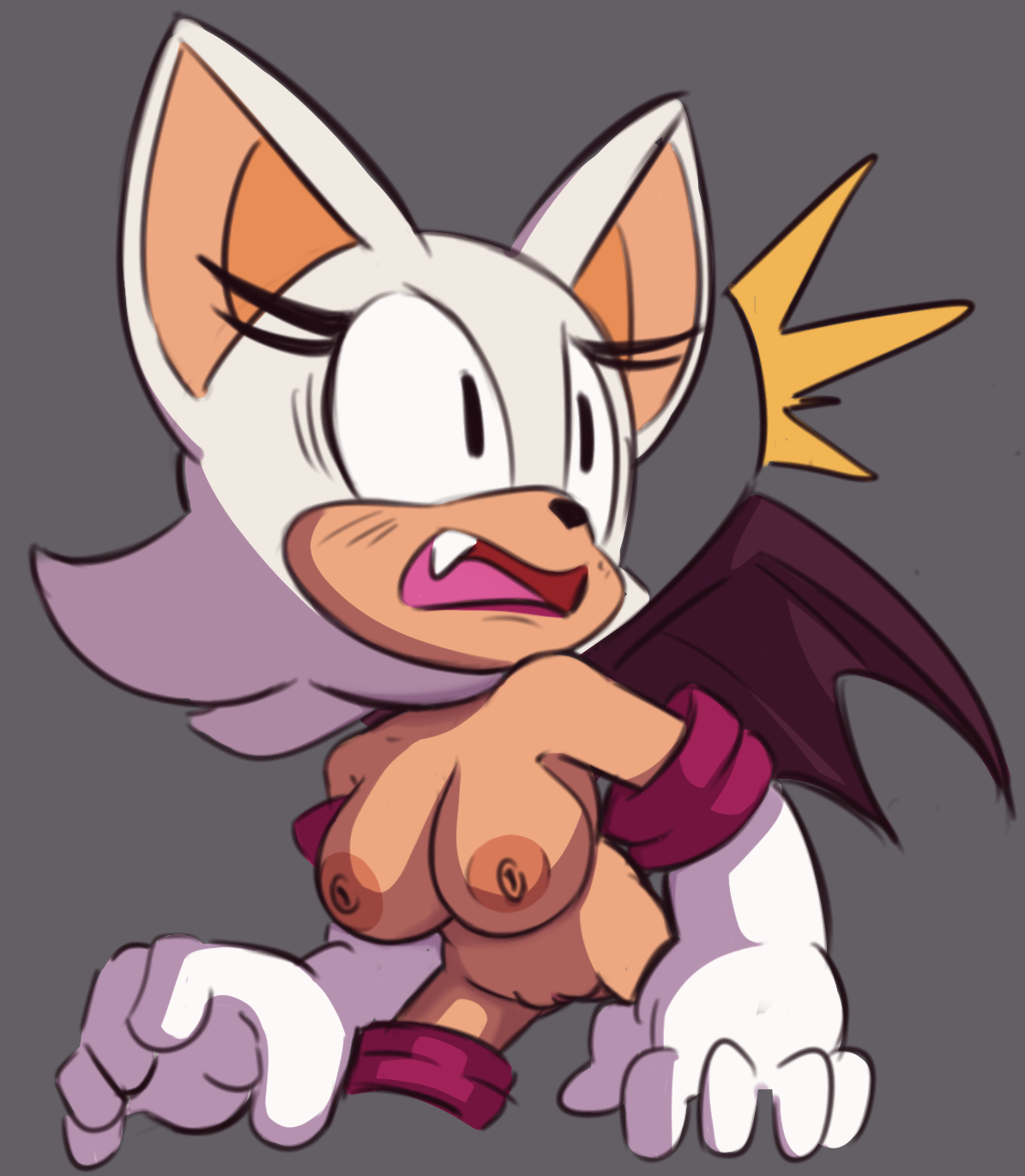 areolae, bluebee, breasts, grey background, lipstick, mobian, mobian (species), mobian bat, nipples, nude female, open mouth, pussy, rouge the bat, sega, simple background, sonic (series), sonic the hedgehog (series), wings