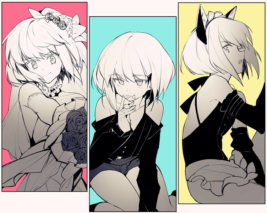1boy, androgynous, bob cut, bouquet, bride, cat ears, catboy, crossdressing, fake animal ears, femboy, femboy only, lio fotia, maid apron, maid headdress, minishorts, monochrome, petite, petite body, petite male, promare, short hair, slim, slim male, slim waist, solo, suggestive, suggestive look, suggestive pose, tongue out, twink, wedding dress, wedding veil