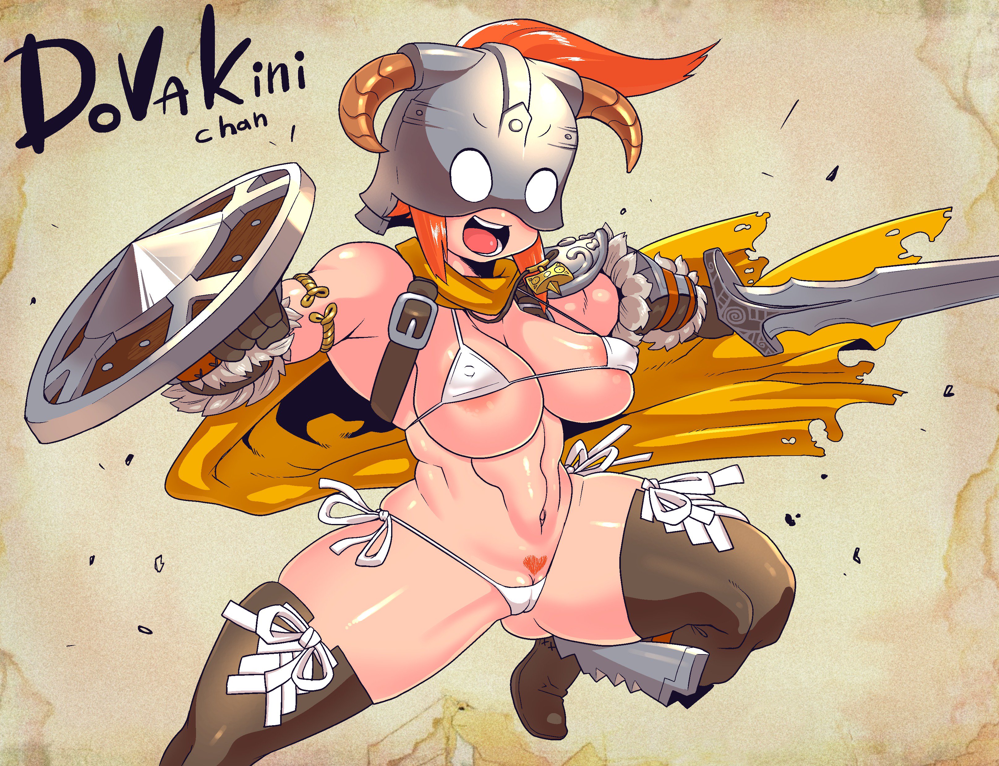1girls, 2d, ass, big ass, big butt, bikini, boots, cameltoe, dovahkiin, dovakini, dovakini-chan, erect nipples, female, female only, footwear, happy, helmet, human, micro bikini, minami aomori, orange hair, outdoors, pale skin, running, skyrim, text, the elder scrolls, thick thighs, voluptuous
