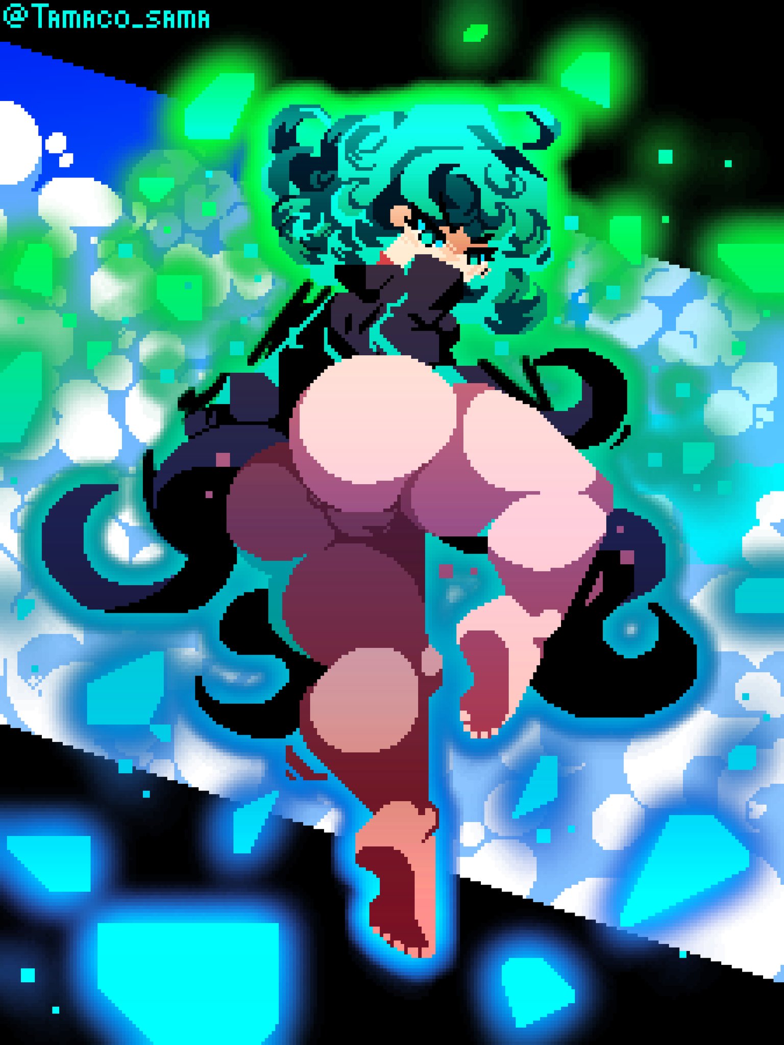 1girls, artist name, ass, background, big ass, black border, black clothing, bottomless, commission, female, female only, green eyes, green hair, huge ass, looking at viewer, looking down, looking down at viewer, one-punch man, pixel art, pussy, rear view, sky, tagme, tamaco, tatsumaki, thick thighs, thighs, vagina, wide hips