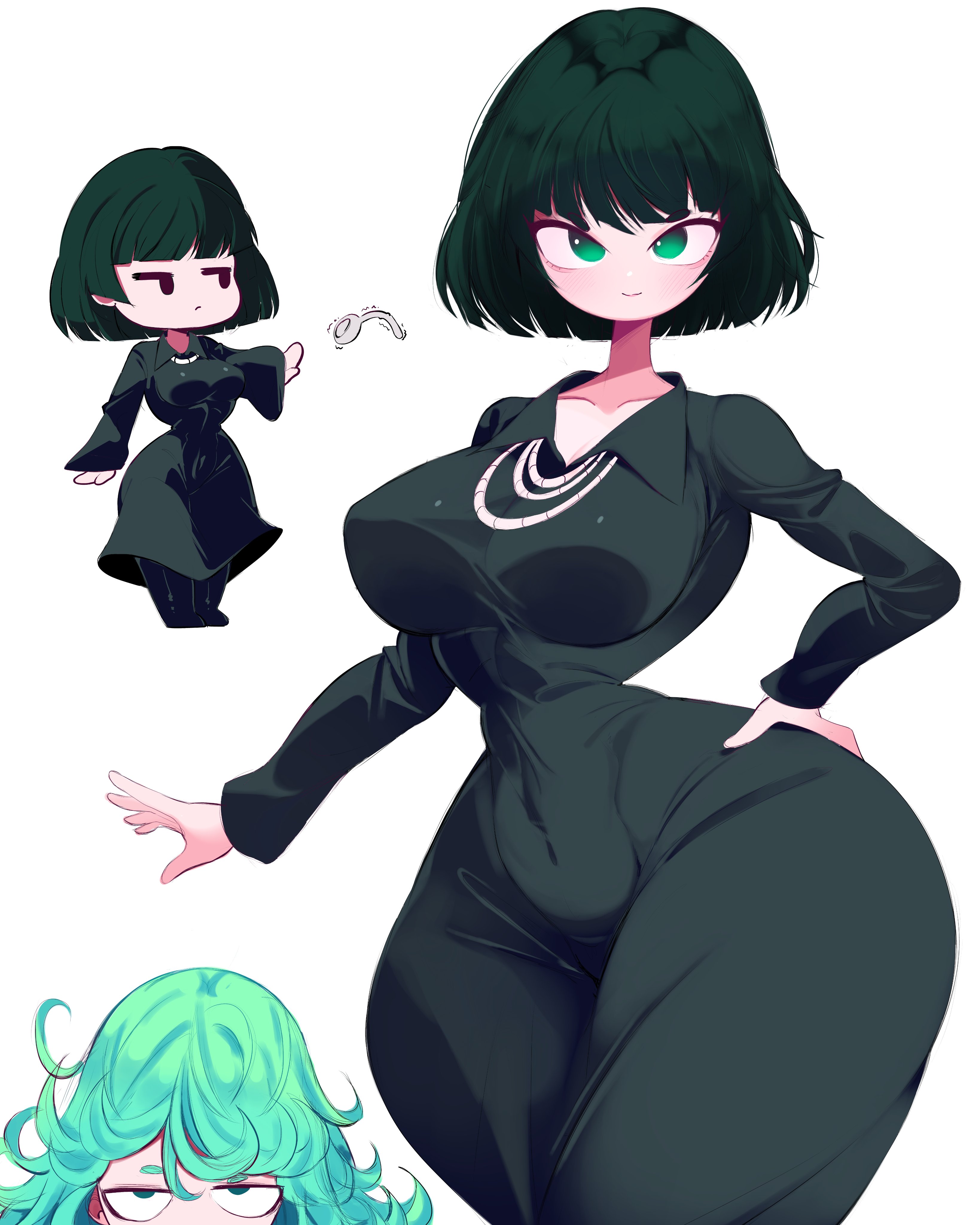 2girls, breasts, dress, female, female focus, female only, fubuki (one-punch man), green eyes, green hair, large breasts, light skin, light-skinned female, looking at viewer, one-punch man, reinsleif, rox hoxten, tatsumaki, thick thighs, thighs, wide hips