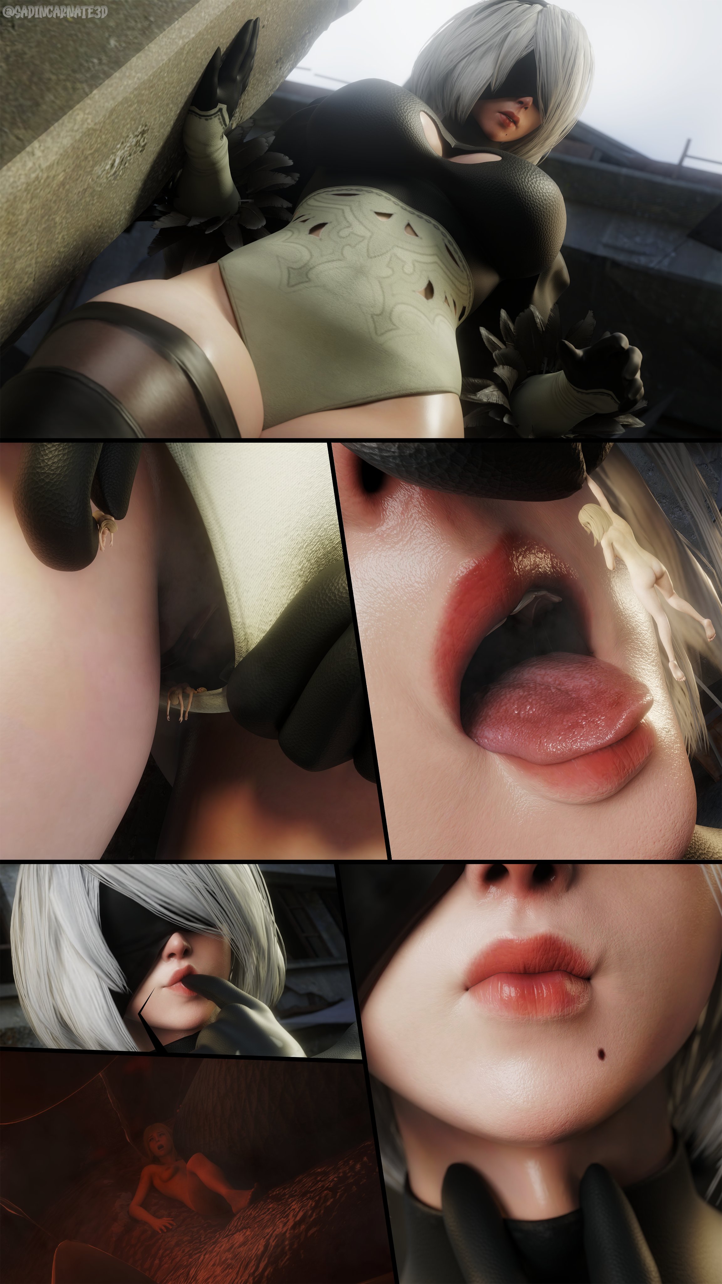 1girls, big breasts, blindfold, breasts, clothing, female, giantess, light skin, low-angle view, macro, micro, nier, nier: automata, nude, nude female, oral vore, sadinincarnate3d, short hair, shrunk, shrunken female, size difference, thighhighs, vore, white hair, yorha 2b