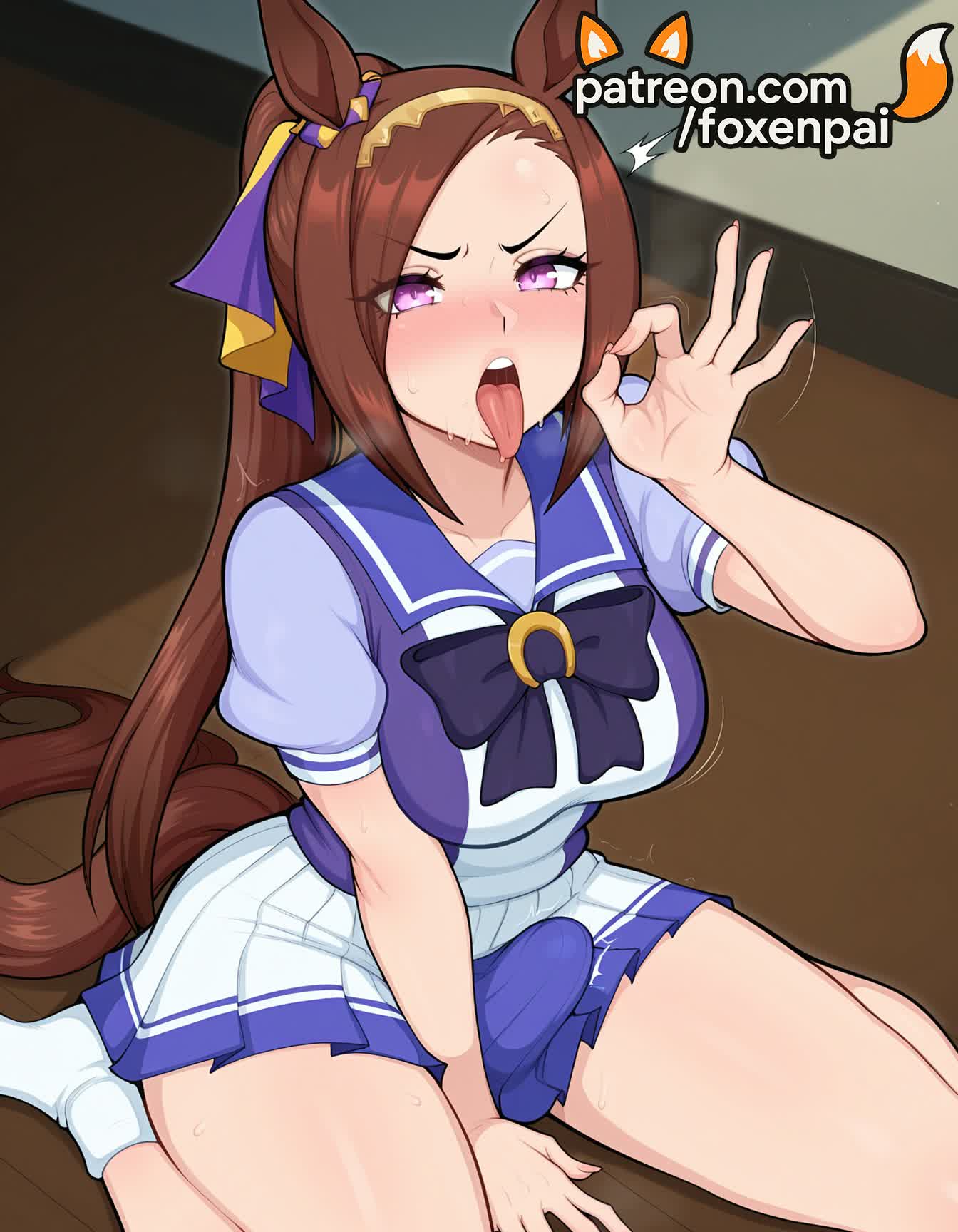 1futa, 2025, ai generated, animal ears, artist name, blush, breasts, brown hair, bust, chest, fellatio gesture, foxenpai, futanari, hi res, high quality, high resolution, highres, horse ears, horse girl, horse tail, horseshoe ornament, long hair, open mouth, patreon, patreon username, puffy short sleeves, puffy sleeves, purple eyes, sailor collar, sakura bakushin o (umamusume), school uniform, serafuku, short sleeves, sitting, skirt, solo, stable diffusion, summer uniform, tongue, tongue out, tracen school uniform, umamusume, wariza, watermark