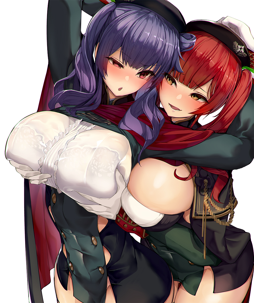 2021, 2girls, arms behind head, azur lane, beret, blush, bra, bra visible through clothes, breasts, brown eyes, cape, female, female only, gloves, grabbing another's breast, grabbing from behind, groping, hat, huge breasts, large breasts, light skin, light-skinned female, long hair, long sleeves, looking at another, military uniform, pola (azur lane), purple hair, red eyes, red hair, sardegna empire (azur lane), satou daiji, see-through, see-through clothing, side ponytail, sisters, smile, twintails, zara (azur lane)