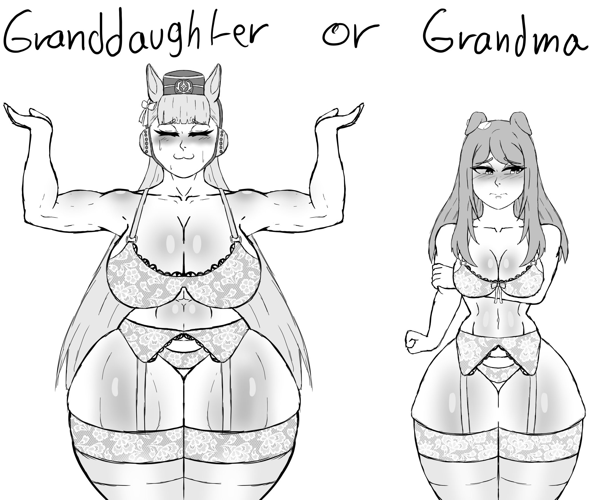 2girls, abs, big breasts, bra, bubble butt, child bearing hips, cleavage, cleavage cutout, clothed female, clothing, clothing cutout, curvaceous female, female, gold ship (umamusume), grandmother and granddaughter, hat, horse ears, hourglass figure, huge ass, huge breasts, large ass, large breasts, lingerie, long hair, mejiro mcqueen (umamusume), navel, nervous smile, skin tight, skindentation, take your pick, thick thighs, tight clothes, tight clothing, tight fit, toned, toned female, twintails, umamusume, underwear, wide hips, yiomo