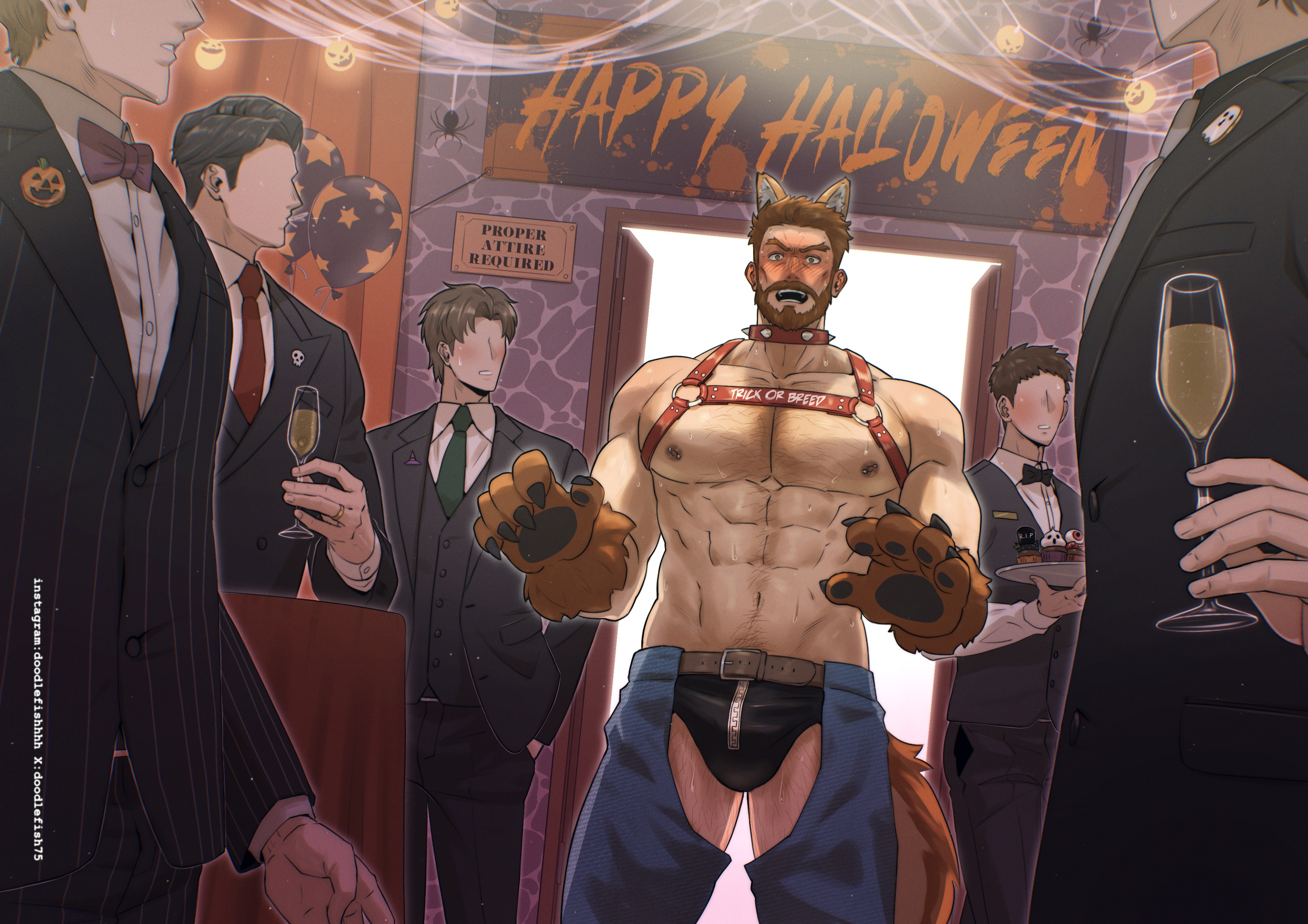 asking for it, bara, cumdump, doodlefish75, formal wear, gay, gay male, hairy chest, hairy pecs, halloween, halloween costume, halloween party, halloween theme, humiliated, humiliation, imminent sex, inappropriate behavior, male only, meat toilet, men only, muscular, muscular male, pierced nipples, sex slave, shocked, surprised, surprised expression, werewolf, werewolf costume