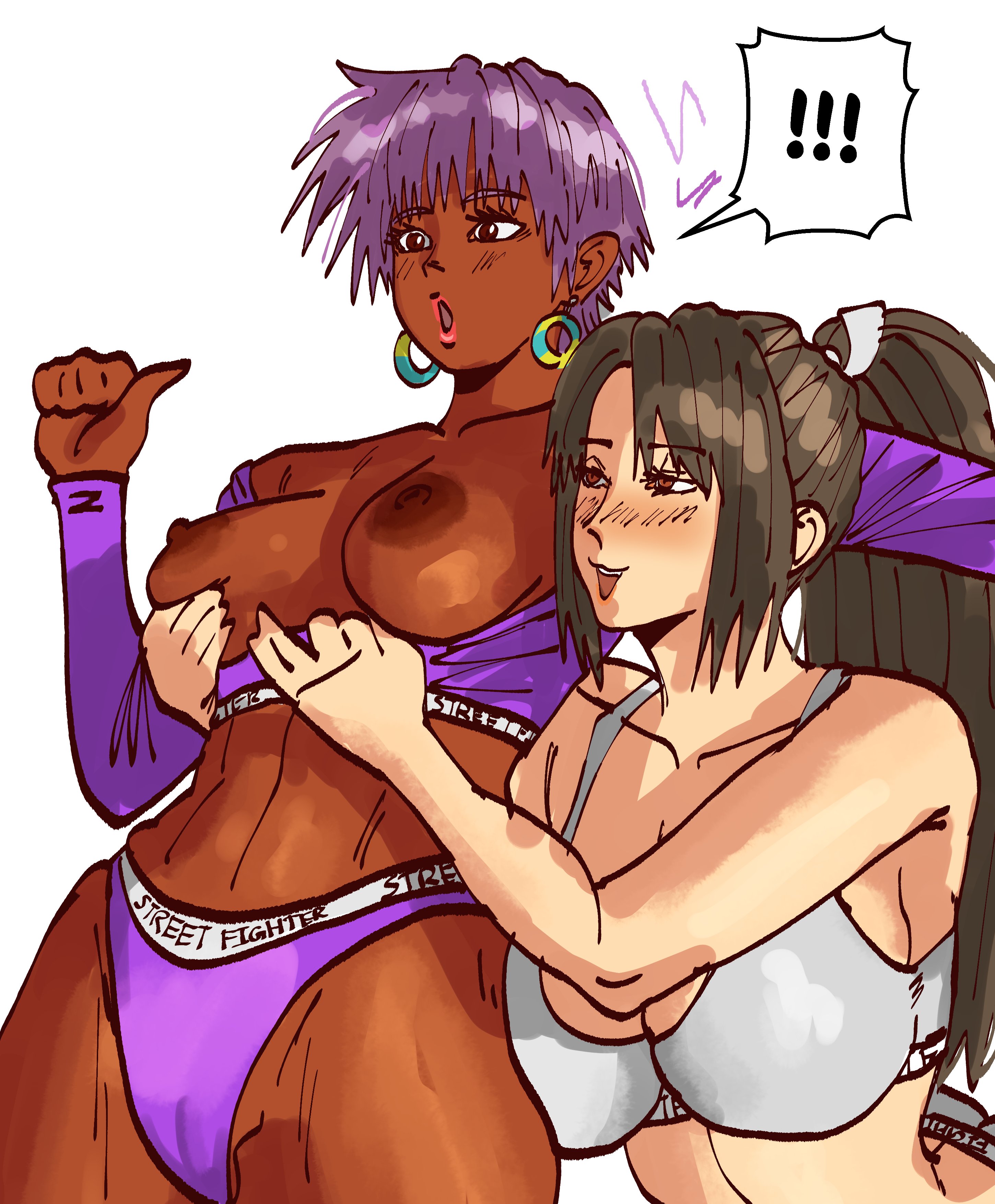 !!!, 2girls, asian female, breasts, capcom, dark-skinned female, elena (street fighter), fatal fury, female, flashing breasts, light-skinned female, mai shiranui, purple hair, snk, street fighter, tentecreul