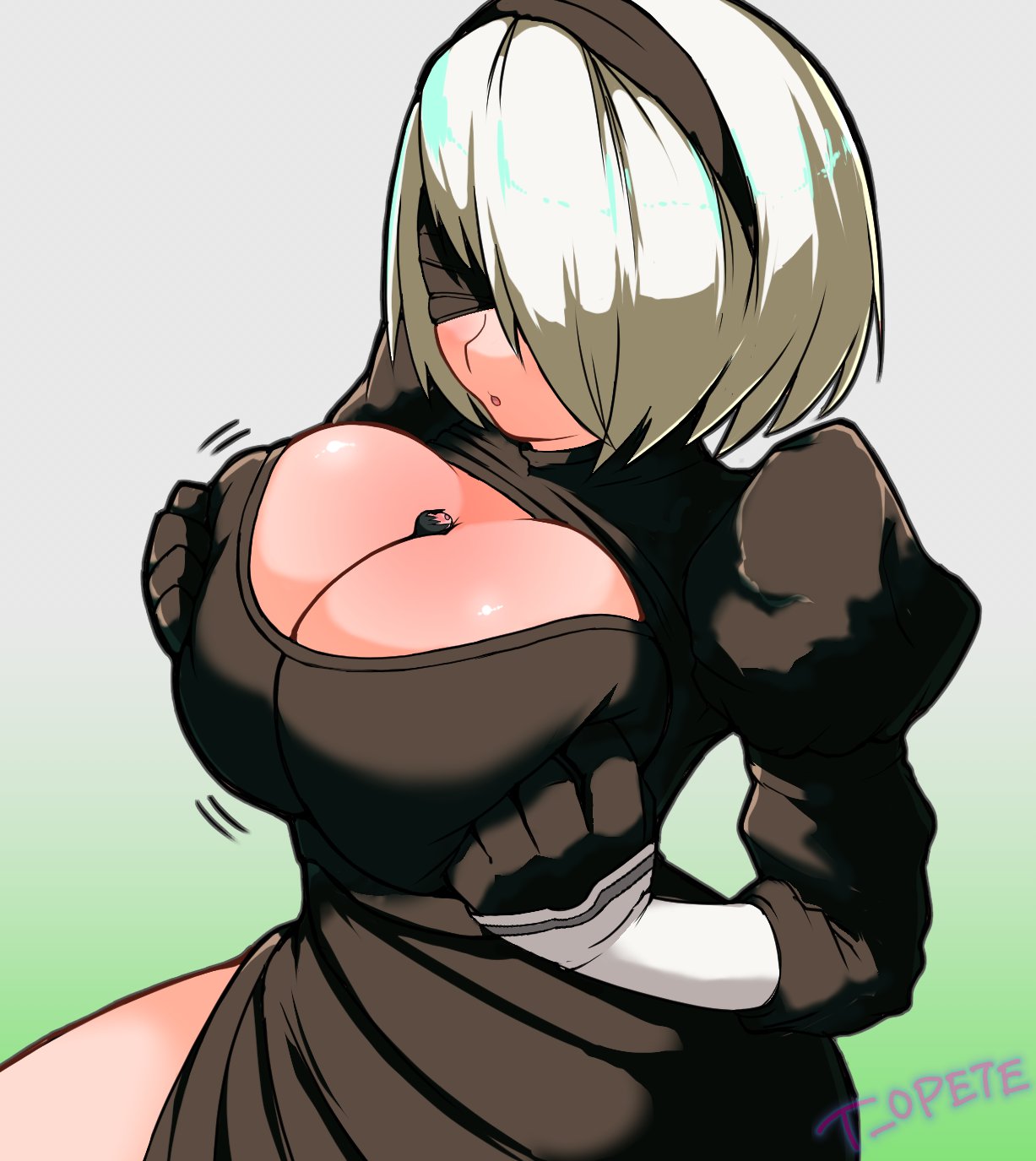 1girls between_breasts big_breasts blindfold breasts clothing female giantess hairband huge_breasts light-skinned_female light_skin macro micro nier nier:_automata short_hair size_difference t_opete white_hair yorha_2b