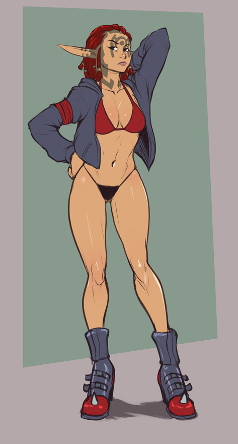1girls, abs, arm up, ashelin praxis, ass, ass visible through thighs, boots, bra, breasts, brown eyes, cleavage, collarbone, dreadlocks, facial mark, facial markings, facial tattoo, female, female only, frown, half-closed eyes, hand on hip, izra, jacket, jak and daxter, large breasts, looking at viewer, looking to the side, midriff, navel, open clothes, open jacket, panties, pointy ears, red hair, solo, standing, tattoo, white skin