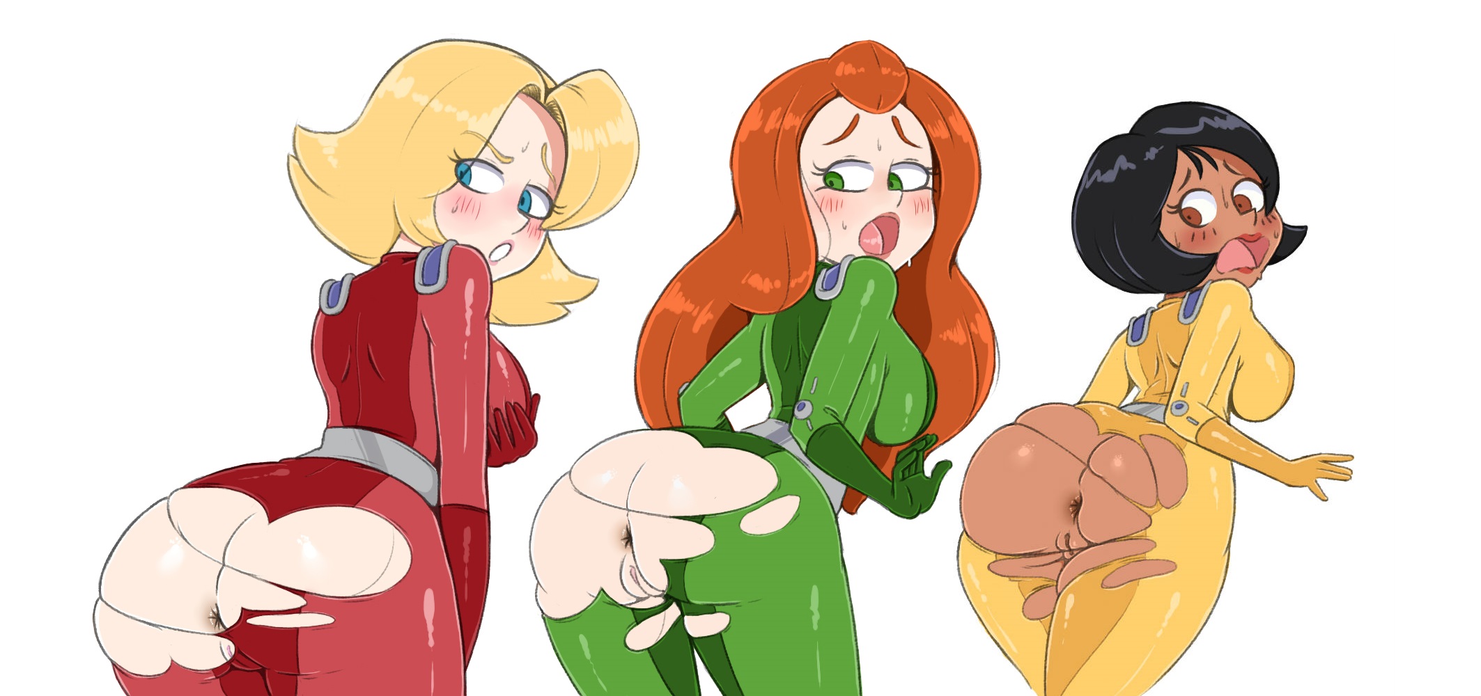 3girls, alex (totally spies), anus, ass, big breasts, black hair, blonde hair, blue eyes, blush, blushing, breasts, brown eyes, clothed, clothes, clothing, clover (totally spies), dark hair, dark skin, dark-skinned female, eyebrow piercing, eyelashes, eyes, facial piercing, female, female only, green clothing, green eyes, group, hand on hip, human, innie pussy, large breasts, lips, long hair, looking back, looking down, mouth open, multiple females, multiple girls, nervous, open mouth, pale skin, piercing, presenting, presenting hindquarters, pussy, raised eyebrows, red clothing, red hair, ripped clothes, ripped clothing, sam (totally spies), simple background, skin tight, suit, surprised, sweat, sweatdrop, thenewguy, tongue, torn bodysuit, torn clothes, totally spies, trio, vagina, white background, white skin, yellow clothing