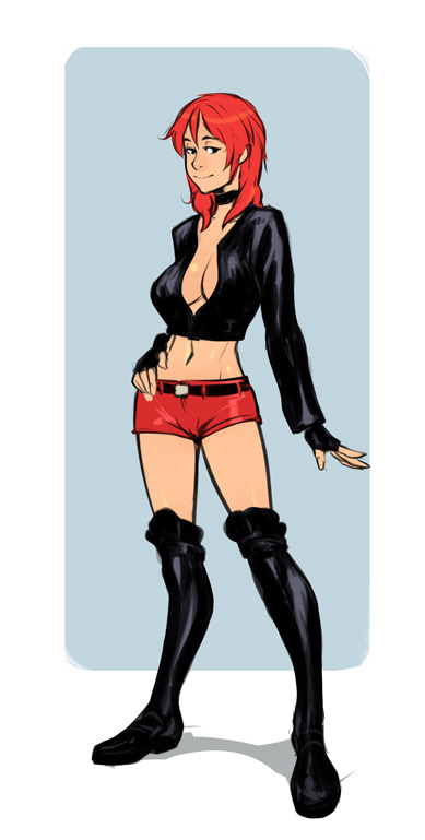 black_eyes boots cleavage clothed female hand_on_hip human izra jin-ie_kwon midriff minishorts red_hair shorts solo the_breaker the_breaker_new_waves