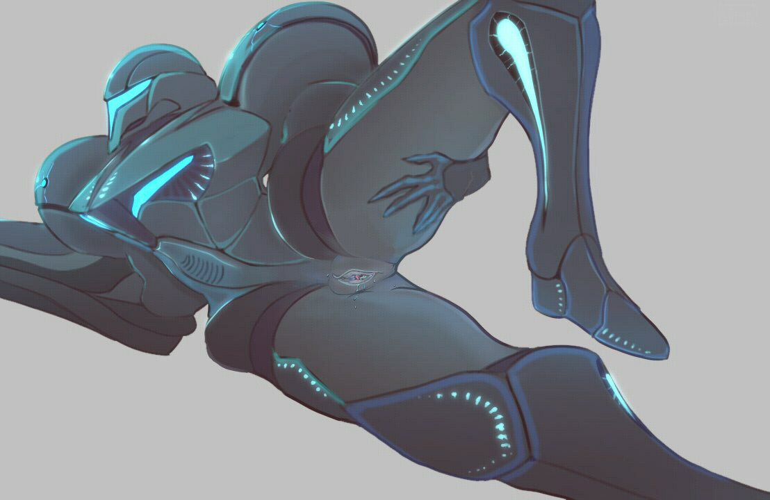 armor, armored dark samus, artist request, bioluminescence, dark samus, female, leg lift, lying, metroid, metroid prime, nintendo, on side, pussy, solo, uncensored