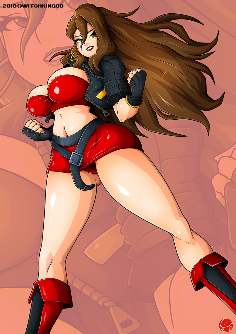 1girls 2018 artist_name big_breasts blaze_fielding boots breasts brown_eyes brown_hair cleavage clothing earrings female female_only fingerless_gloves gloves hair hips huge_breasts jacket large_breasts legs lipstick long_hair navel panties pose posing red_lipstick sega shirt skirt solo streets_of_rage streets_of_rage_4 teeth thick_thighs thighs video_games wide_hips witchking00