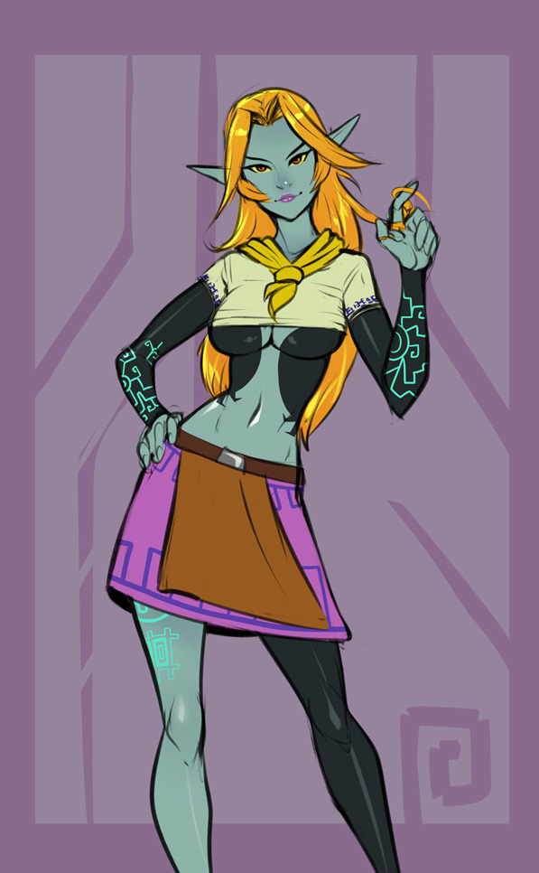 black skin, blue skin, breasts, clothed, clothing, cosplay, female, hand on hip, izra, malon, midna, midriff, nintendo, ocarina of time, orange eyes, orange hair, skirt, solo, the legend of zelda, twili midna, twilight princess, underboob, yellow sclera