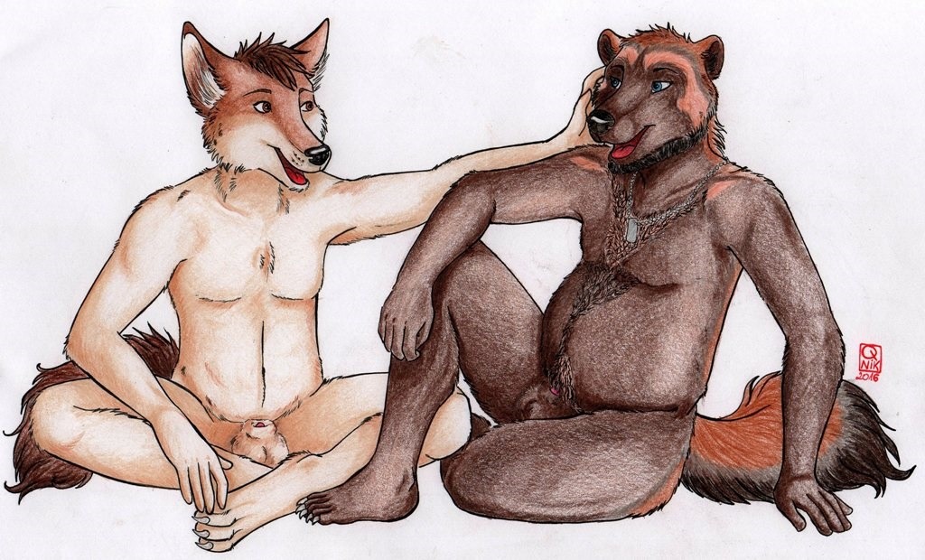 2016 3_toes 5_fingers 5_toes animal_genitalia anthro anthro_on_anthro arm_support balls beard belly biped black_nose blue_eyes body_hair brown_balls brown_countershading brown_eyes brown_fur brown_hair brown_tail canine caress casual_nudity chest_hair chest_tuft claws countershade_tail countershade_torso countershading coyote coyote_(nasshnarah) dog_tags duo eye_contact facial_hair feet fluffy fluffy_tail full-length_portrait fur hair hand_on_leg humanoid_feet humanoid_hands inner_ear_fluff interspecies jewelry looking_at_another looking_at_partner male mammal multicolored_fur mustelid muzzle_scabs navel necklace nude open_mouth open_smile orange_fur orange_tail penis penis_tip plantigrade portrait pubes q-nik raised_arm raised_leg reclining red_tongue reverse_countershading rosomack sheath short_hair simple_background sitting slightly_chubby smile snout toe_claws toes traditional_media_(artwork) tuft two_tone_fur two_tone_tail white_background white_balls white_claws white_fur wolverine yaoi