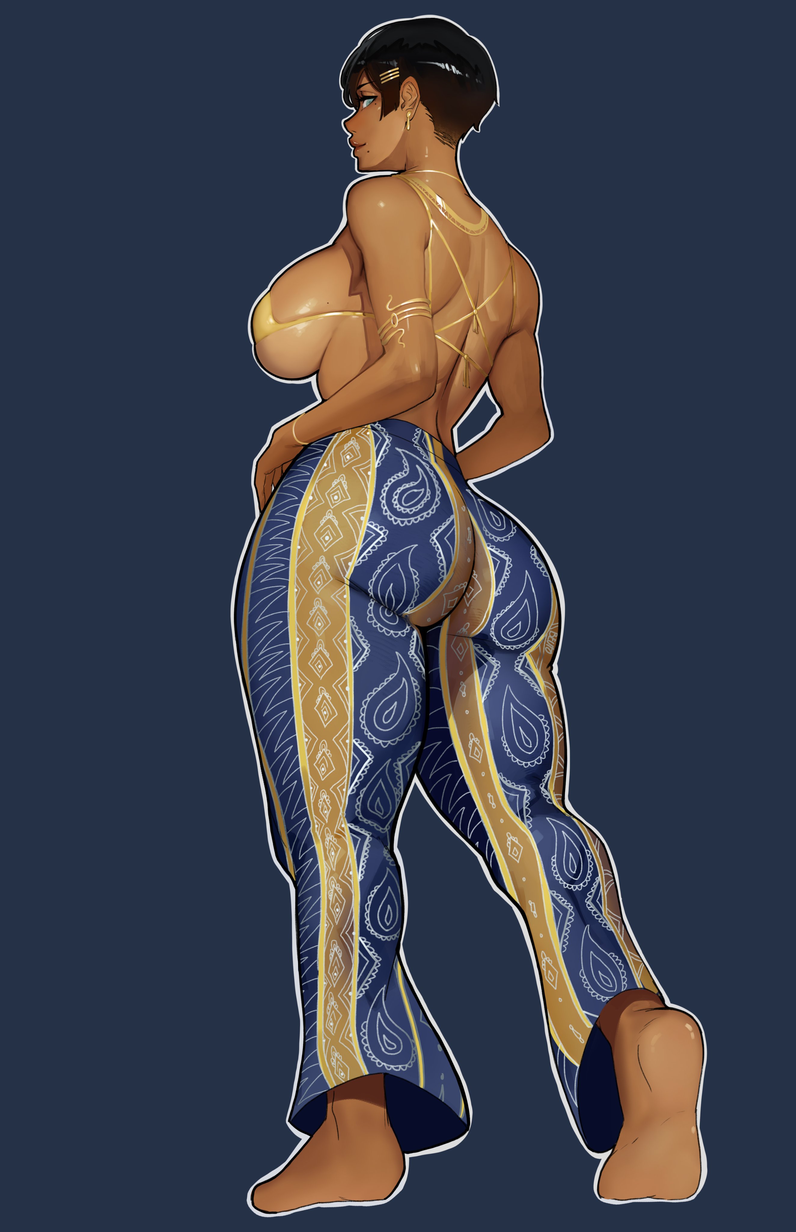 2025, alternate version at source, ass, ass crack, back view, beuto, black hair, blue eyes, bra, bra strap, breasts, breasts out, dark hair, dark skin, dark-skinned female, ear piercing, earrings, feet, female, female only, flare pants, forbidden pants, jewelry, looking at viewer, looking back, looking back at viewer, necklace, pierced ears, piercing, piercings, rear view, short hair, side eye, simple background, solo, solo female, topless, topless female