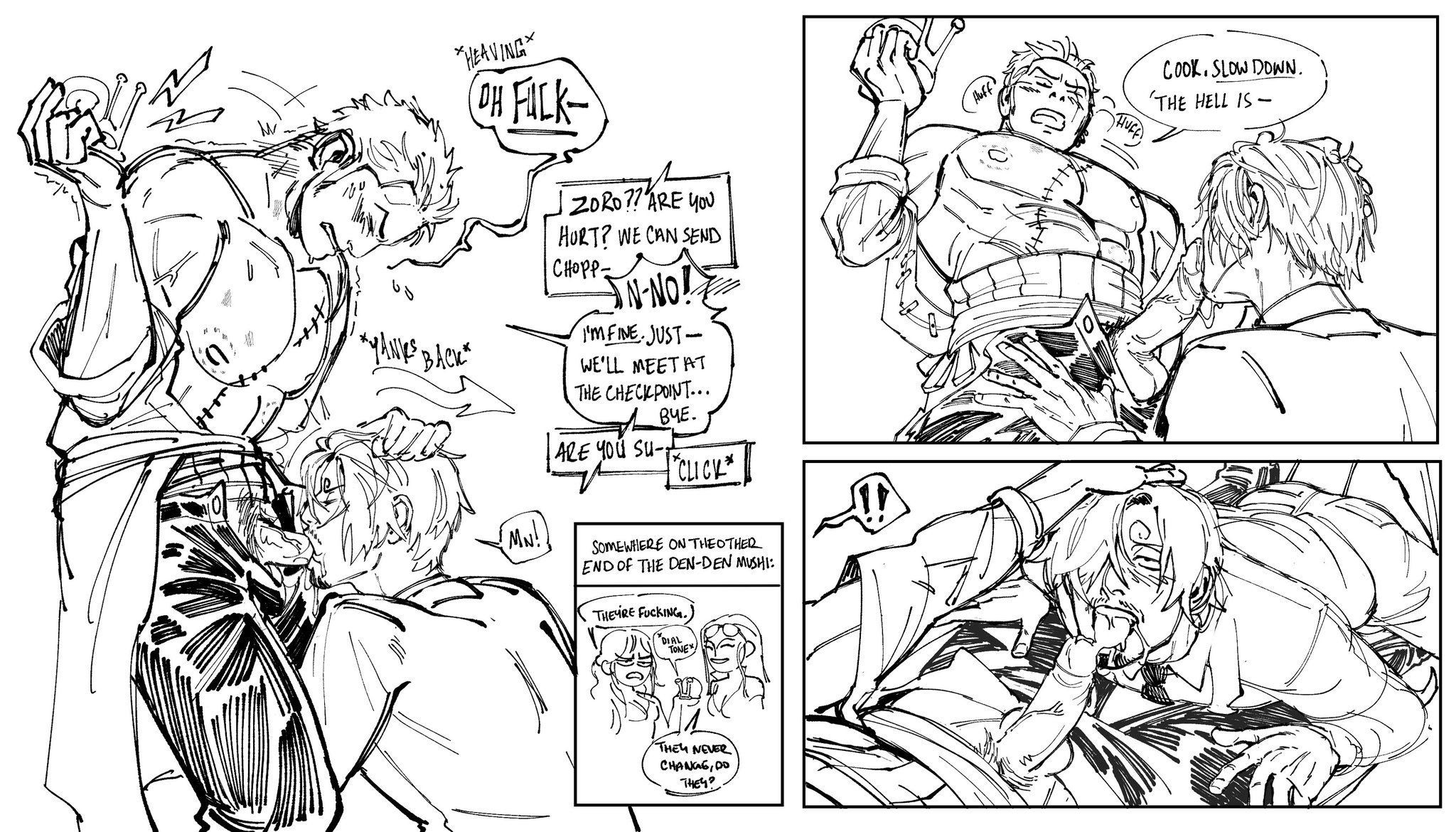 !!, 2boys, 2d, 2d (artwork), 2d artwork, 2male, 2man, 2men, bite, bite mark, bite mark on nipple, blowjob, blowjob face, blush, blush lines, blushing male, chest scar, clothed, clothing, comic, comic page, deepthroat, dressed, drool, drool on face, drool string, drooling, drooling tongue, earrings, english, english commentary, english dialogue, english language, english text, eye scar, facial hair, fellatio, fully clothed, fully clothed male, fully dressed, gay, gay blowjob, gay male, gay sex, grabbing hair, grayscale, homo, homoerotic, homosexual, homosexual male, homosexual sex, male, male only, mini comic, nami (one piece), nico robin, nico robin (one piece), on knees, one piece, oral, oral penetration, oral sex, page 2, page number, pubic hair, pulling hair, pulling head, robin onepiece, roronoa zoro, saliva, saliva drip, saliva on face, saliva on penis, saliva on tongue, saliva string, saliva trail, sanji, sanji (one piece), sexy, short hair, sinkurteeth, swallowing, swallowing penis while deepthroat, uncolored, vinsmoke sanji, zoro (one piece)