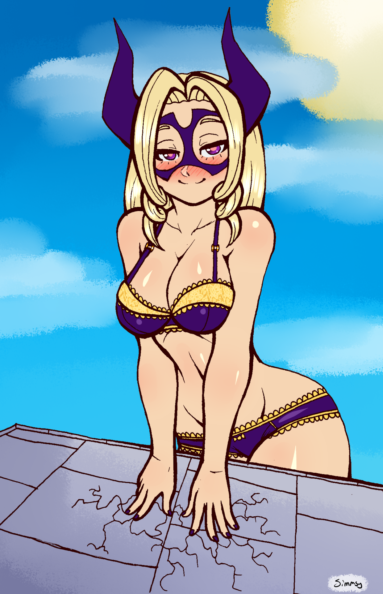 1girls, abs, blonde hair, blush, bra, breasts, cleavage, clothed, clothed female, clothing, female, female only, fully clothed, long hair, looking at viewer, mask, mount lady, my hero academia, panties, purple eyes, shounen jump, simmsy, solo, uncensored, underwear, yuu takeyama
