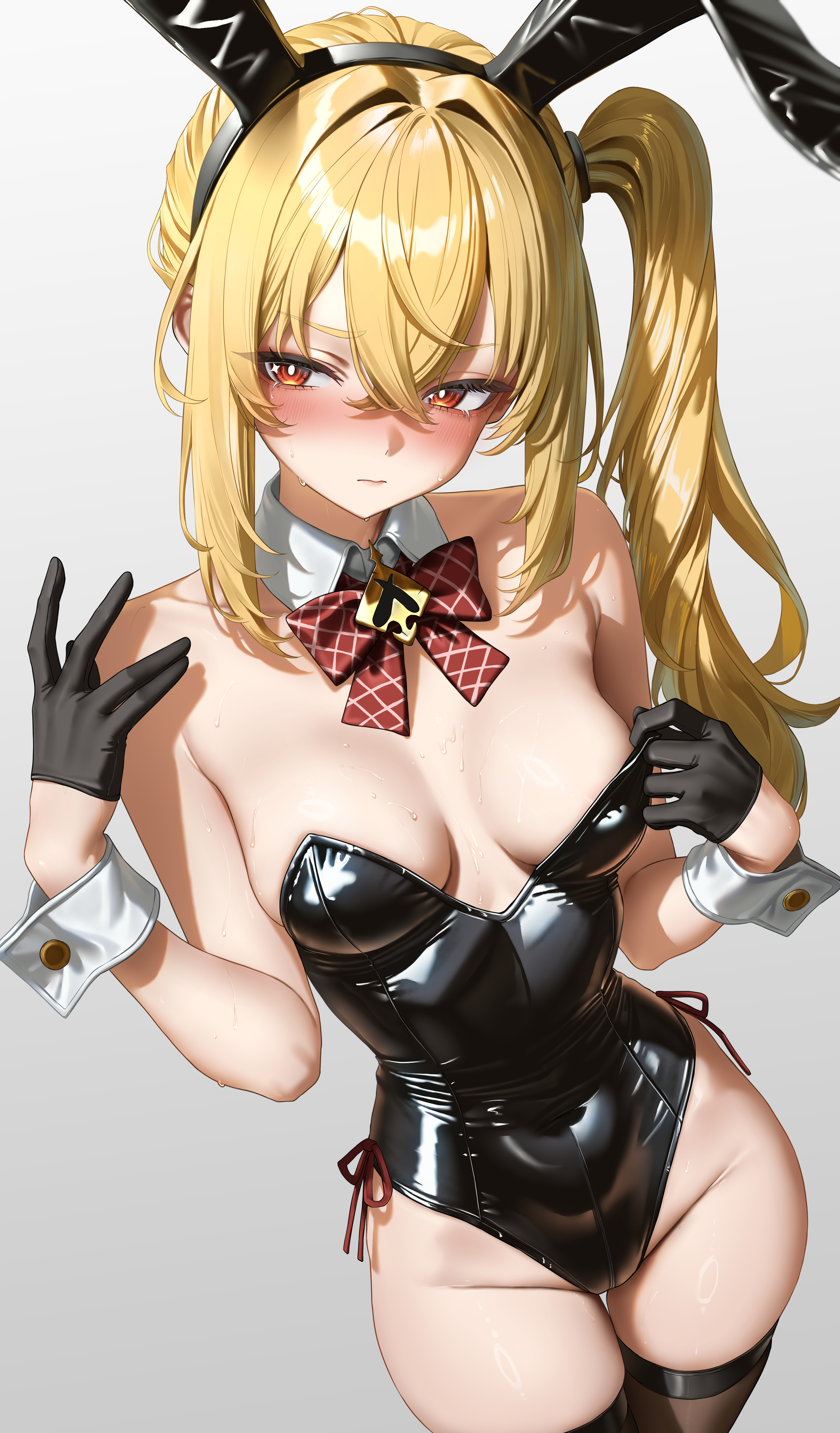 1girls, absurd res, ai generated, black gloves, blonde hair, blush, breasts, bunny ears, bunny girl, bunnysuit, embarrassed, female, luciana de montefio, lucy (zenless zone zero), medium breasts, mihoyo, petite, petwrist cuffs, red eyes, side ponytail, white collar, zenless zone zero