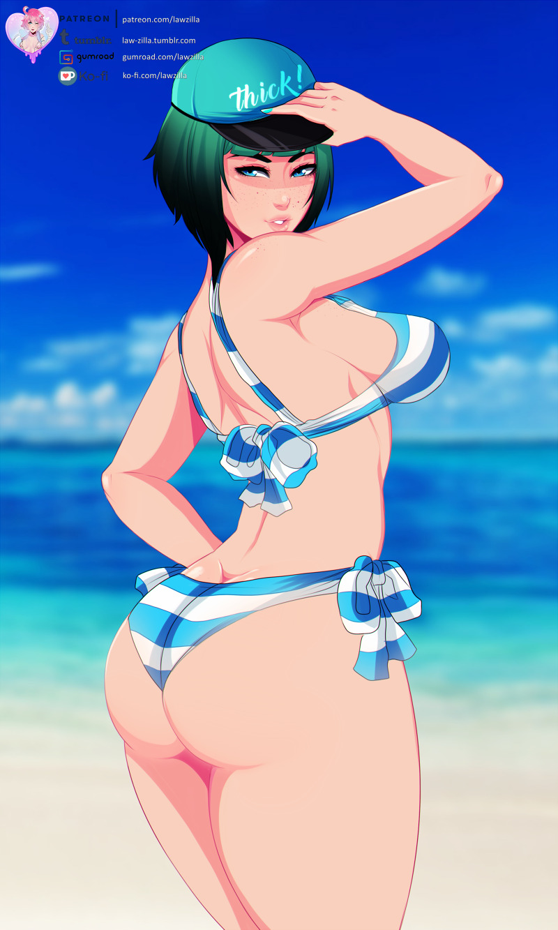 1girls, 2018, ass, beach, bikini, breasts, cleavage, ela (rainbow six), female, female only, law-zilla, looking at viewer, looking back, rainbow six, rainbow six siege, solo, tagme, tom clancy