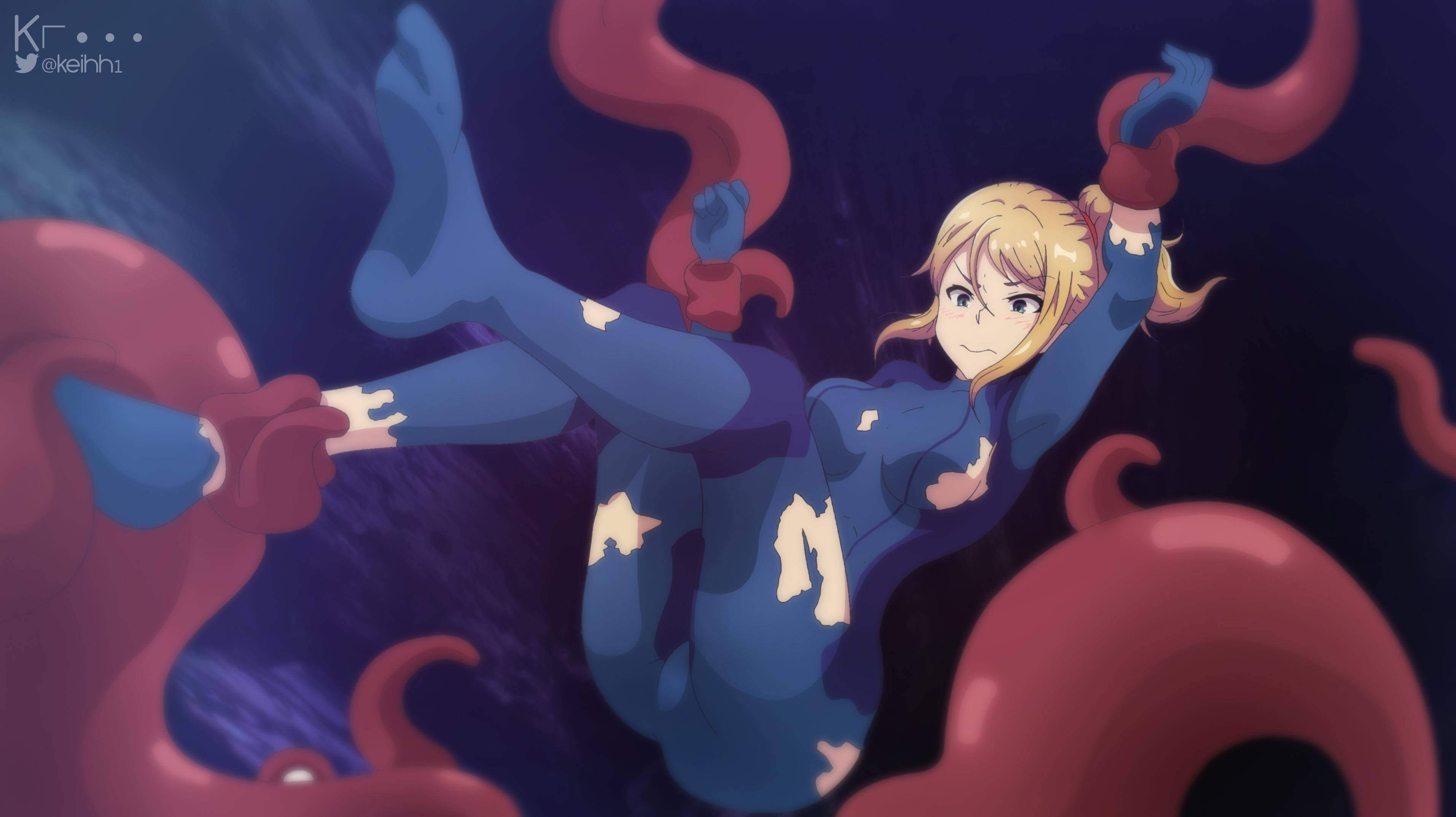 arm up, bodysuit, bondage, breasts, female, imminent rape, keihh, medium breasts, metroid, nintendo, restrained, samus aran, space, tentacles, torn clothes, zero suit, zero suit samus